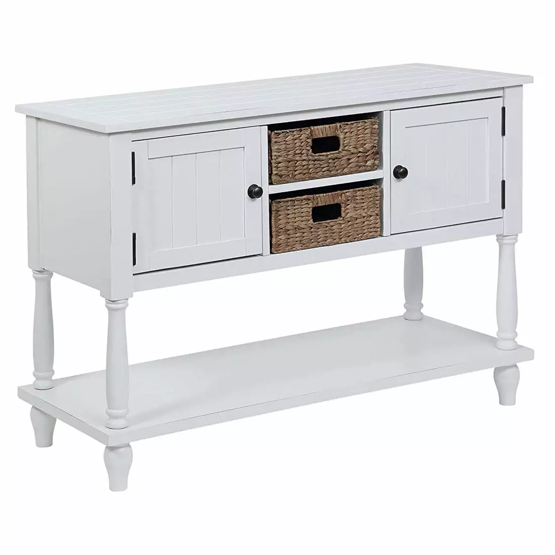 eHemco Coastal Style Off-White Console Table Turned Legs and Wicker Baskets Console