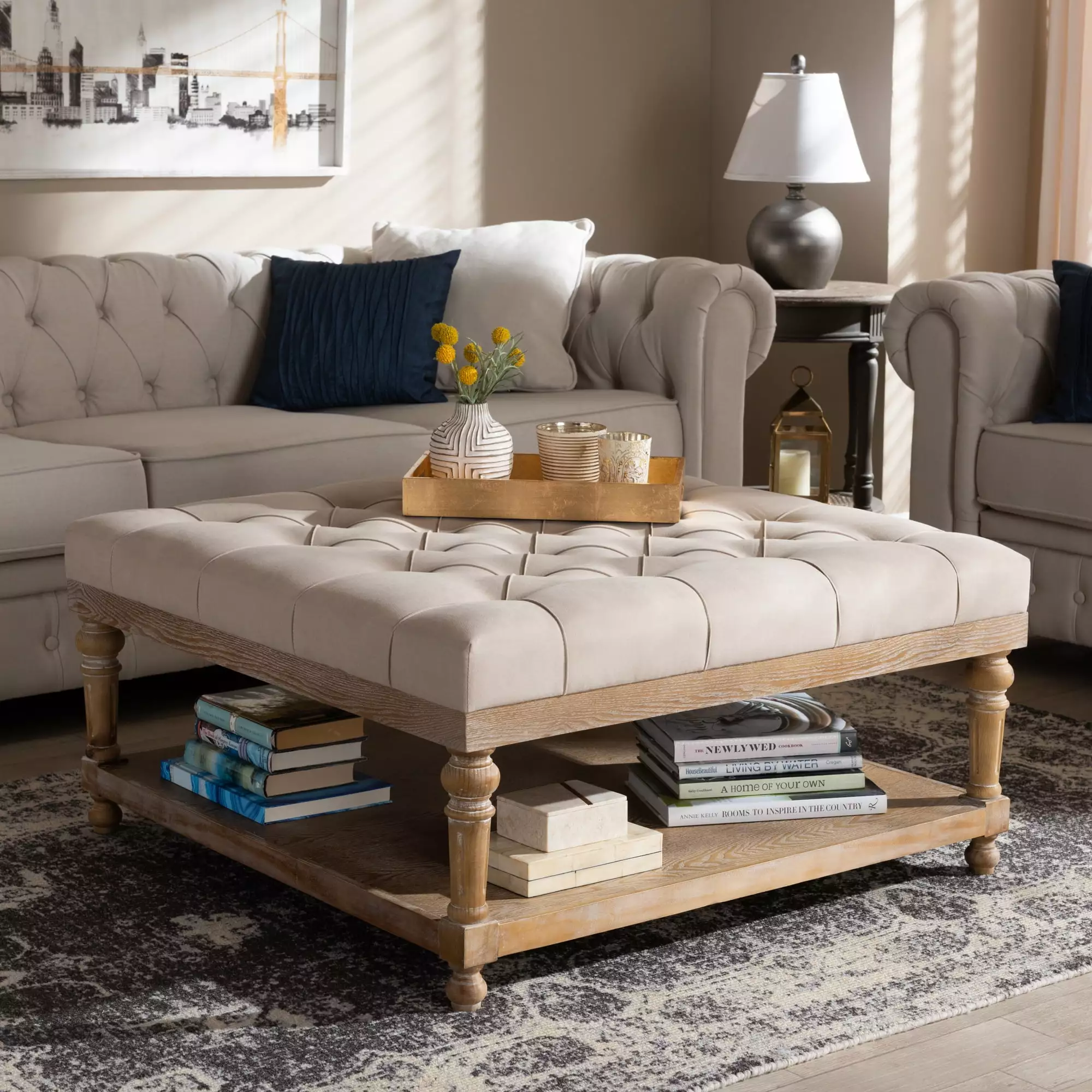 Baxton Studio Kelly Modern and Rustic Beige Linen Fabric Upholstered Cocktail Ottoman Greywashed Wood Ottomans