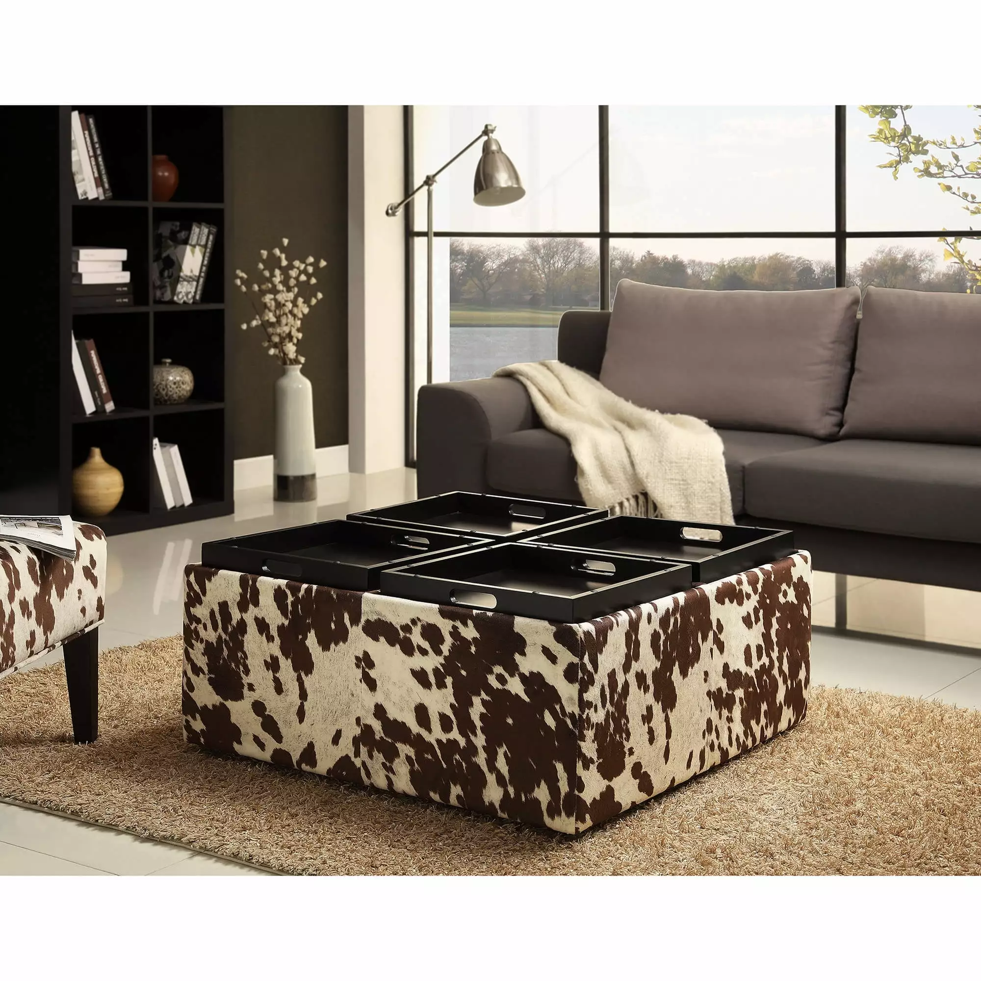 Chelsea Lane Maxfield Brown Cowhide Print Storage Cocktail Table Ottoman - Unique Living Room Piece Ottomans Weston Home