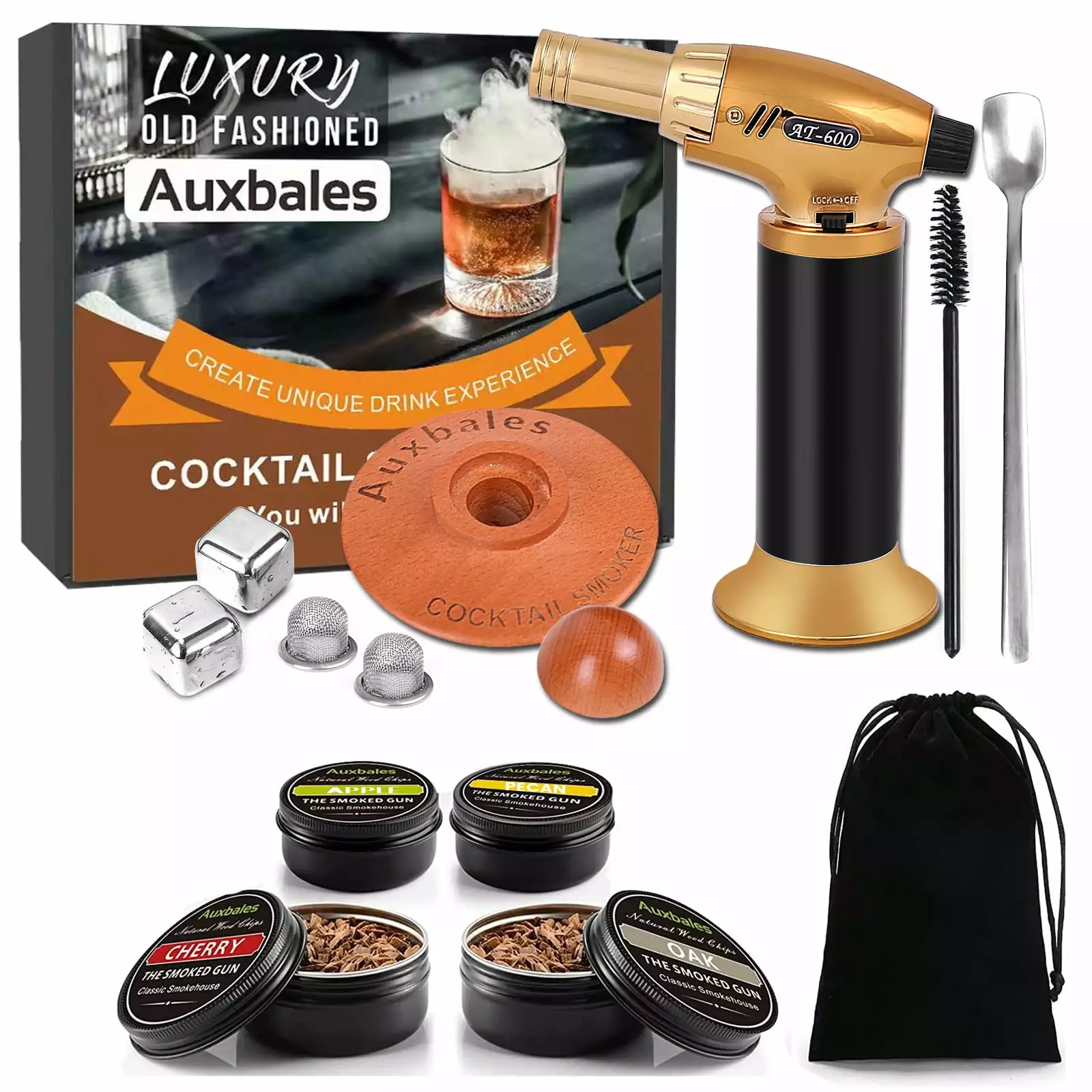 Auxbales Cocktail Smoker Kit Torch 4 Flavors Wood Chips Whiskey Smoker Infutilizer Gift Set