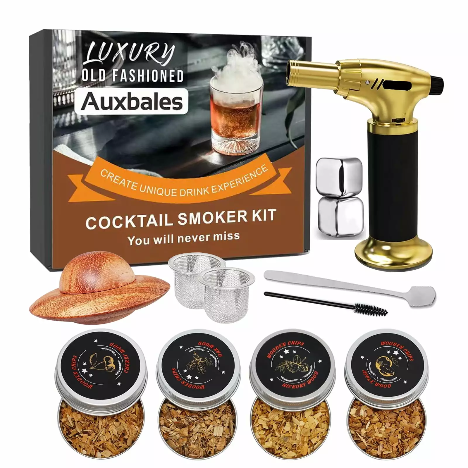 Auxbales Old Fashioned Smoker Kit Torch 4 Kinds Wood Chips Cocktail Whiskey Bourbon