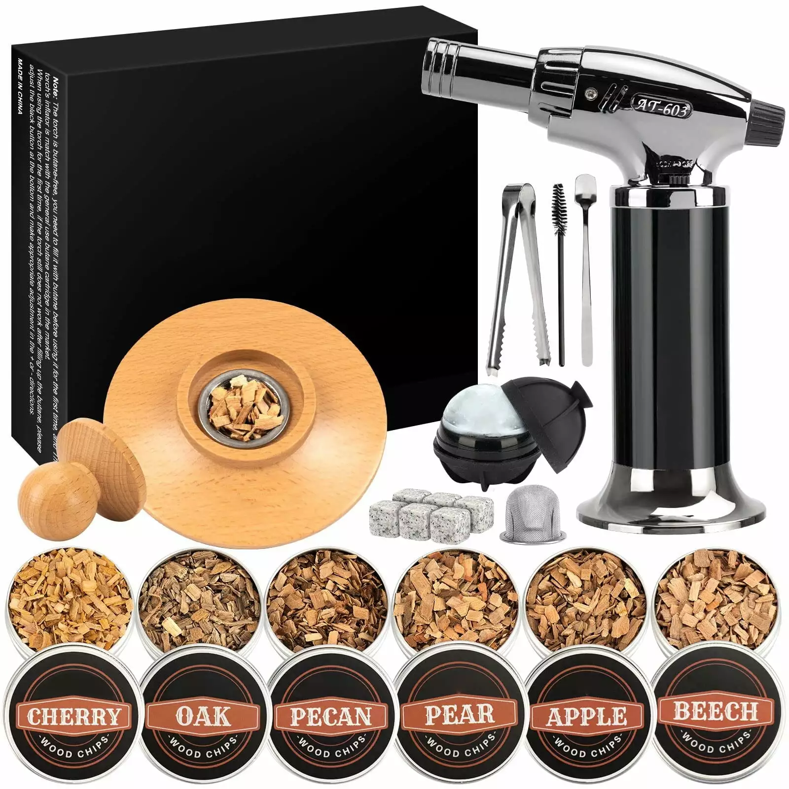 Cocktail Smoker Kit Torch and 6 Flavored Wood Chips Bourbon Old Fashioned Whiskey Smoker Kit Ideal Gift Men