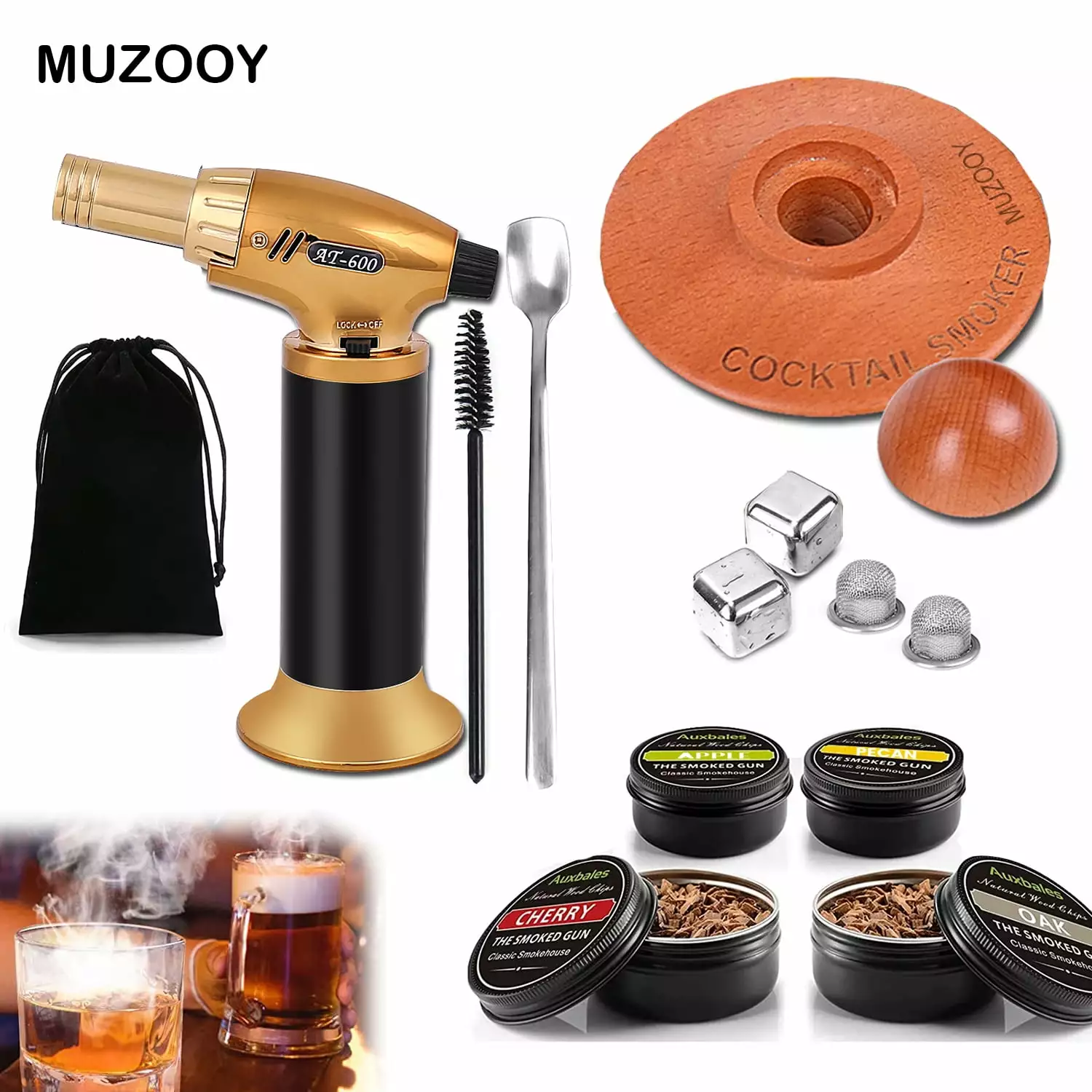 Muzooy Whiskey Cocktail Smoker Kit Torch and 4 Flavors Wood Chips MuzooyBeauty
