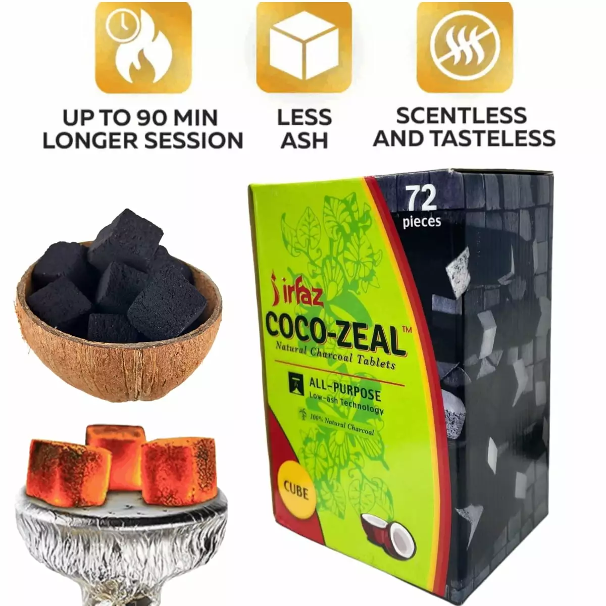Irfaz Coco-Zeal Charcoals 72 Cubes Natural Coconut Shells 1kgs 2.2lbs