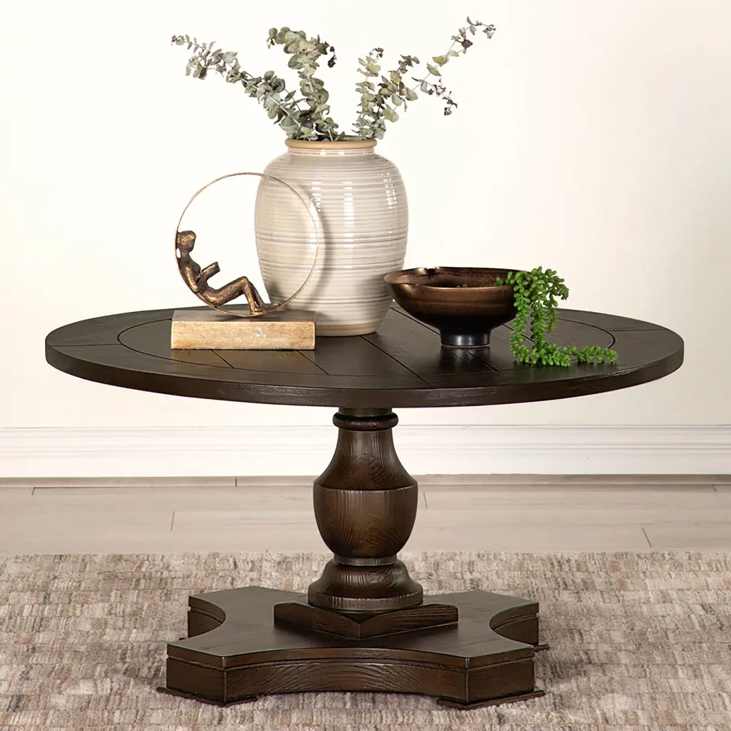 Morello Round Coffee Table Pedestal Base Coffee Brown Wood Table