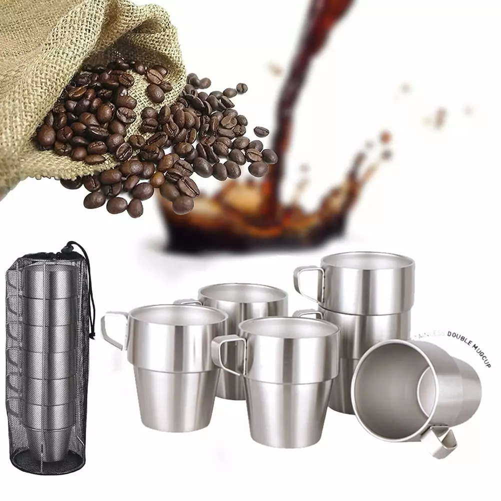 2024 6Pcs Stackable Coffee Mugs Set Rack 304 Stainless Steel Double Insulation Cups Camping Picnic