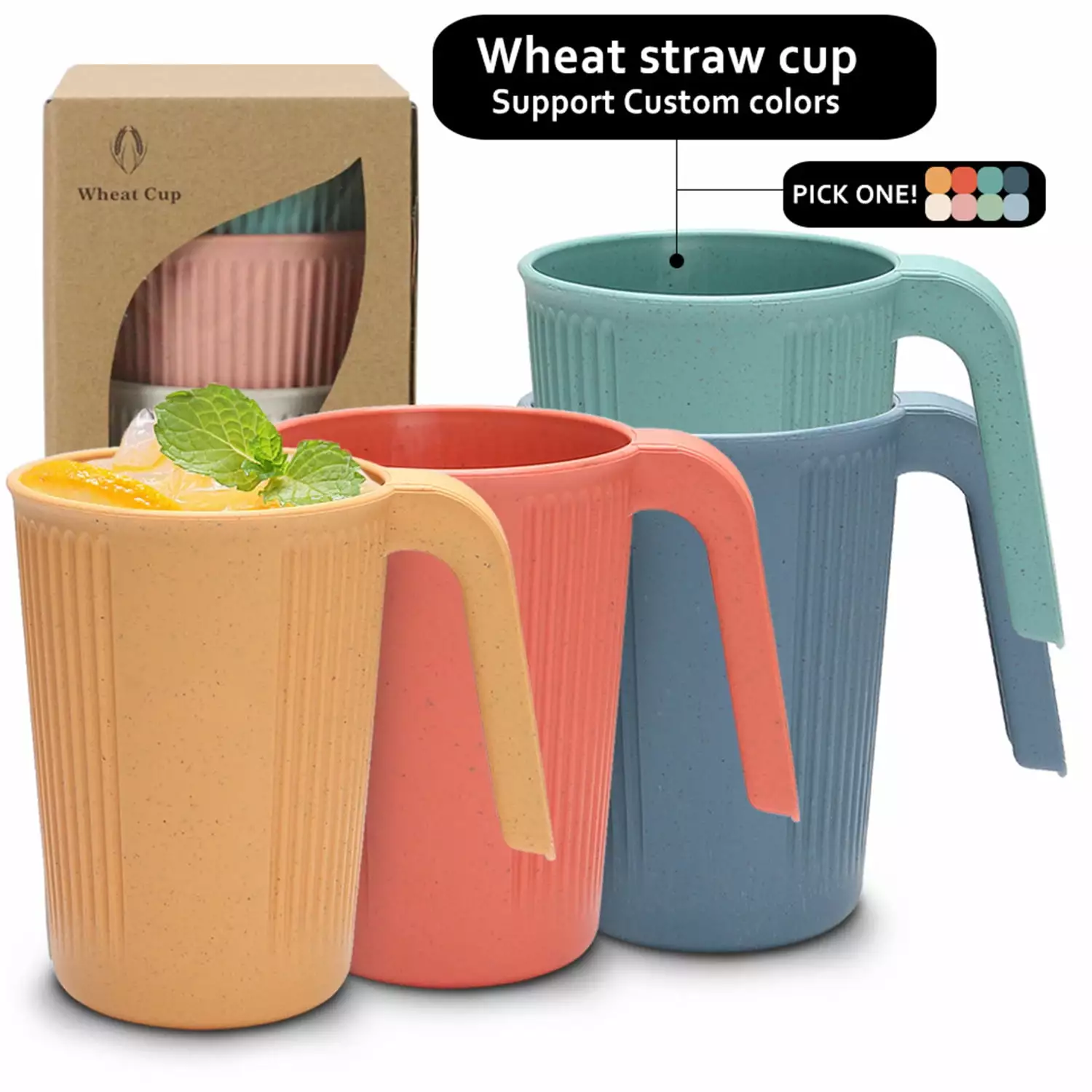 Aokelily Wheat Straw Cups Mug Set 8 Reusable Coffee Tea Cup Handles 12oz Unbreakable Drinking Glasses