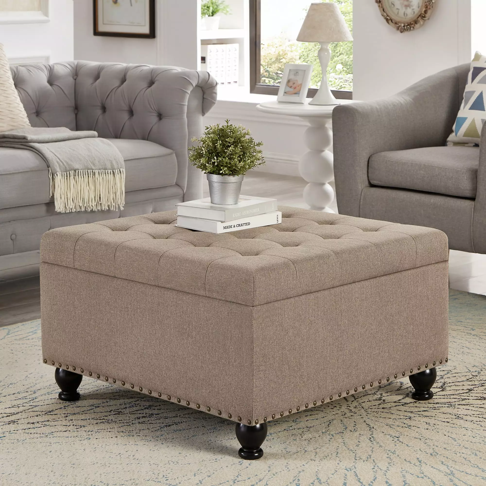 Large Square Storage Ottoman Wooden Legs Button Tufted Coffee Table Living Space Linen Ottomans Mrisata
