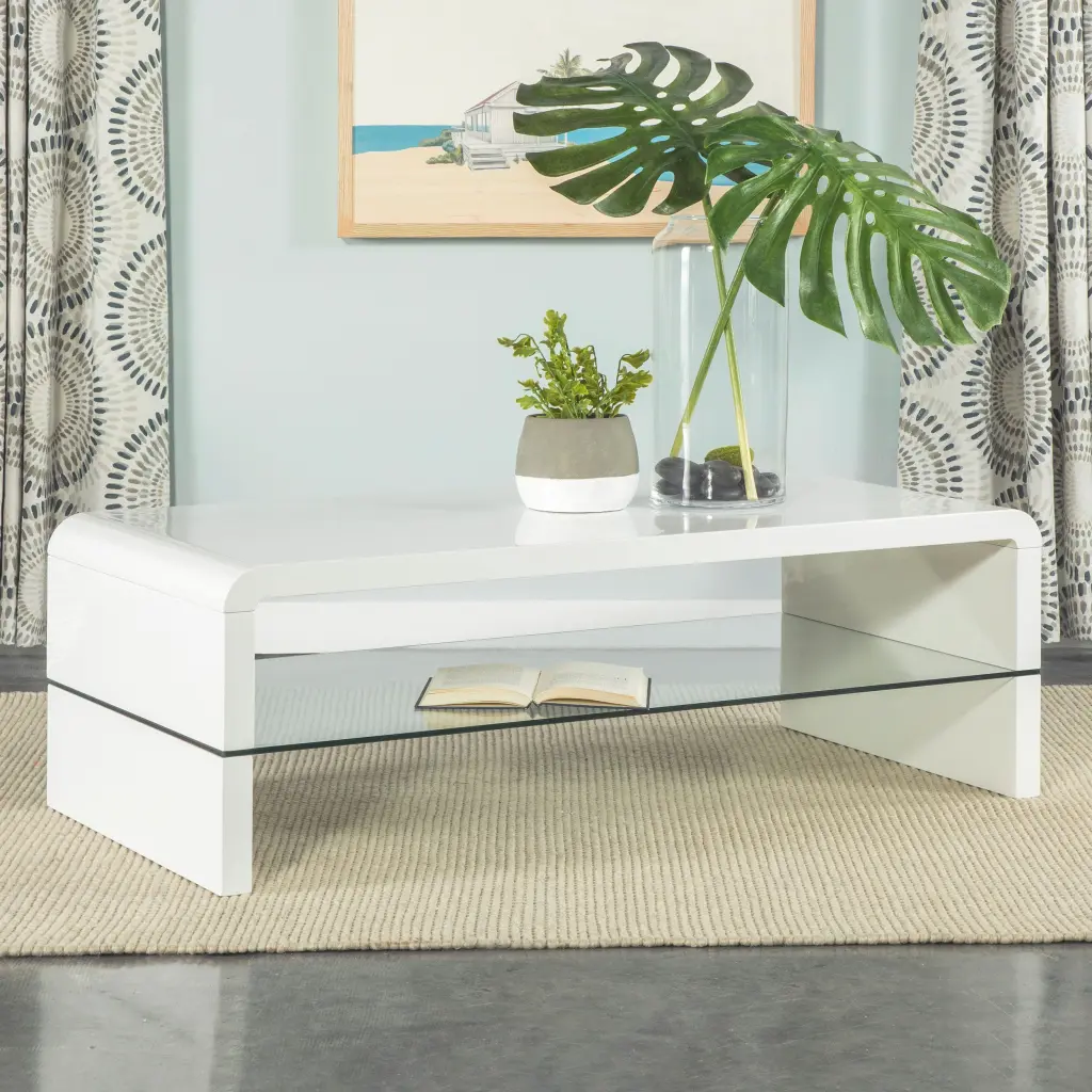 Airell Rectangular Coffee Table Glass Shelf White High Gloss - Modern Living Room Furniture