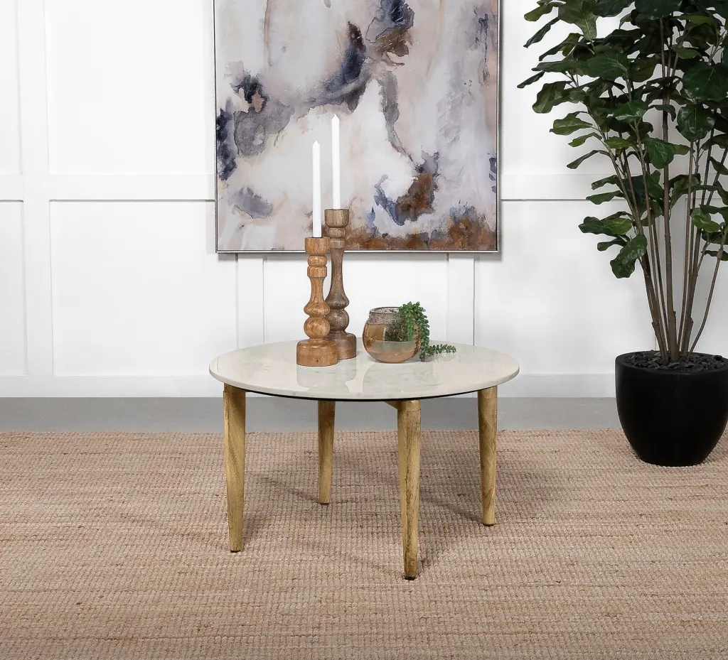 Aldis Round Marble Top Coffee Table White and Natural - Modern Living Room Center Table