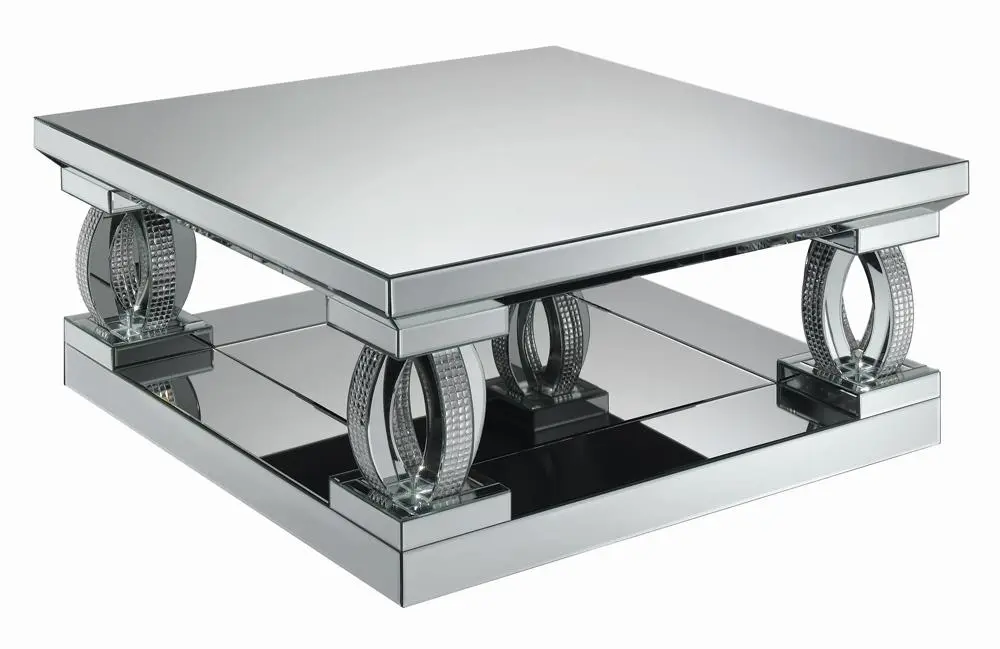 Amalia Square Coffee Table Lower Shelf Clear Mirror Modern Design
