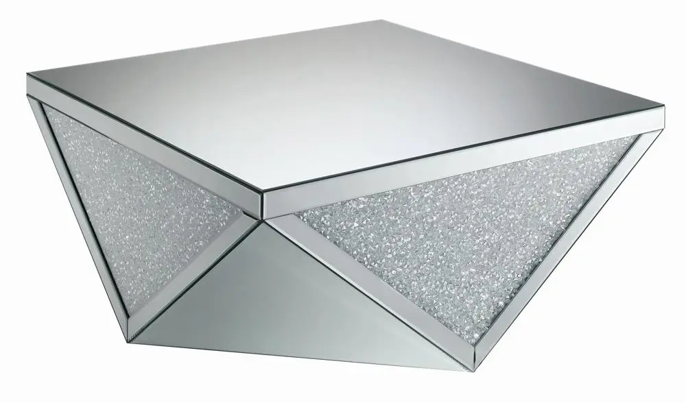 Amore Square Coffee Table Silver and Clear Mirror Triangle Detailing