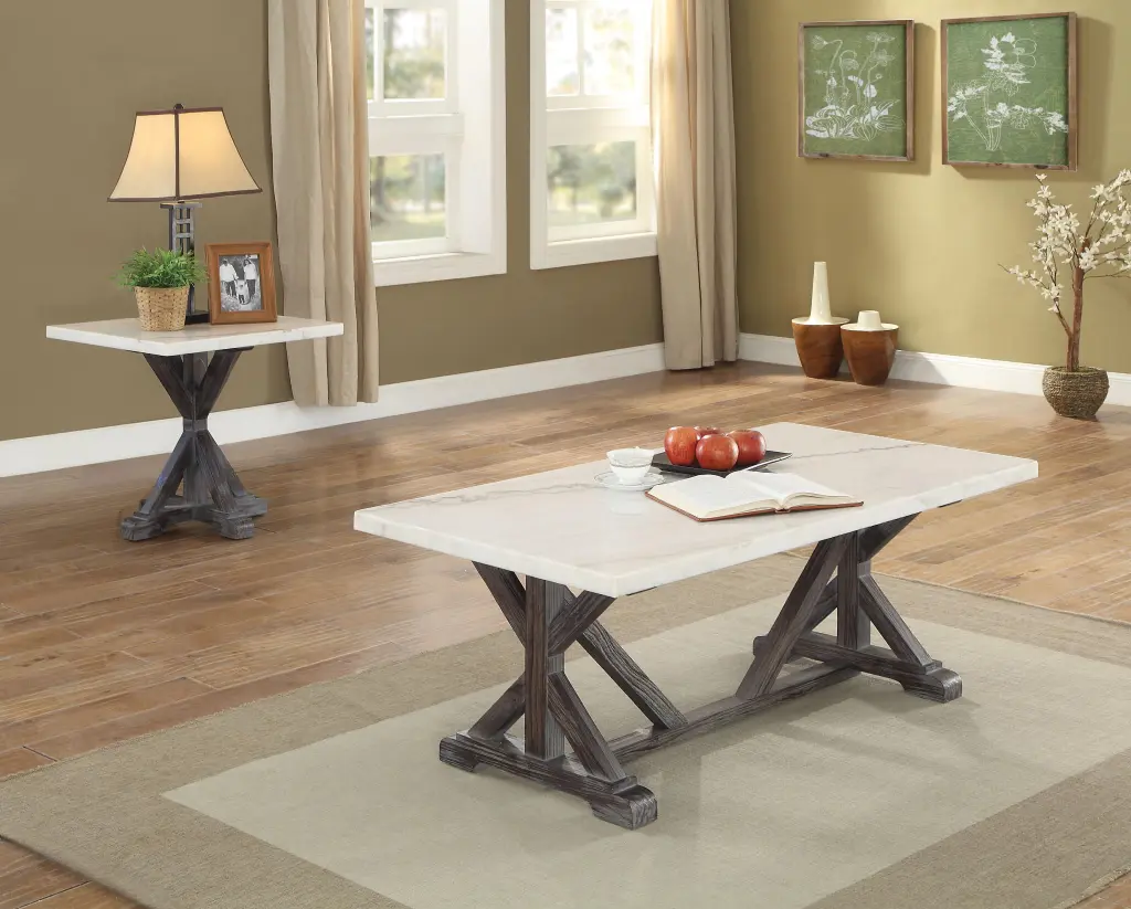 Romina White Marble & Weathered Espresso Coffee Table - Elegant Living Room Center Table