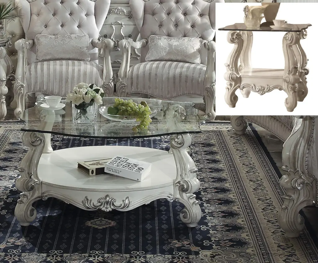 Versailles Bone White & Clear Glass Coffee Table - Contemporary Living Room Furniture