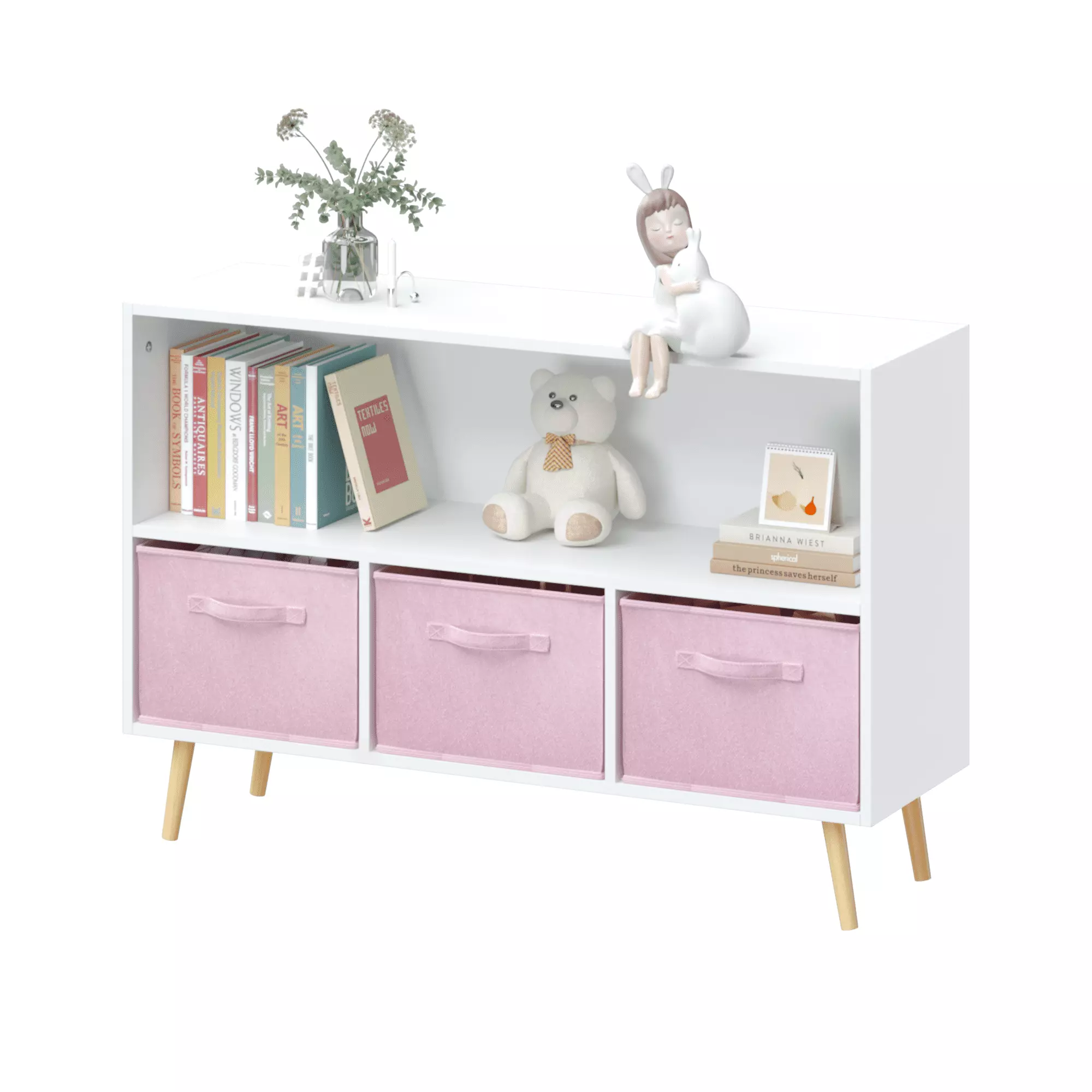 FirstAsk Kids Bookcase Collapsible Fabric Drawers Children's Book Display Toy Storage Cabinet Organizer White Pink