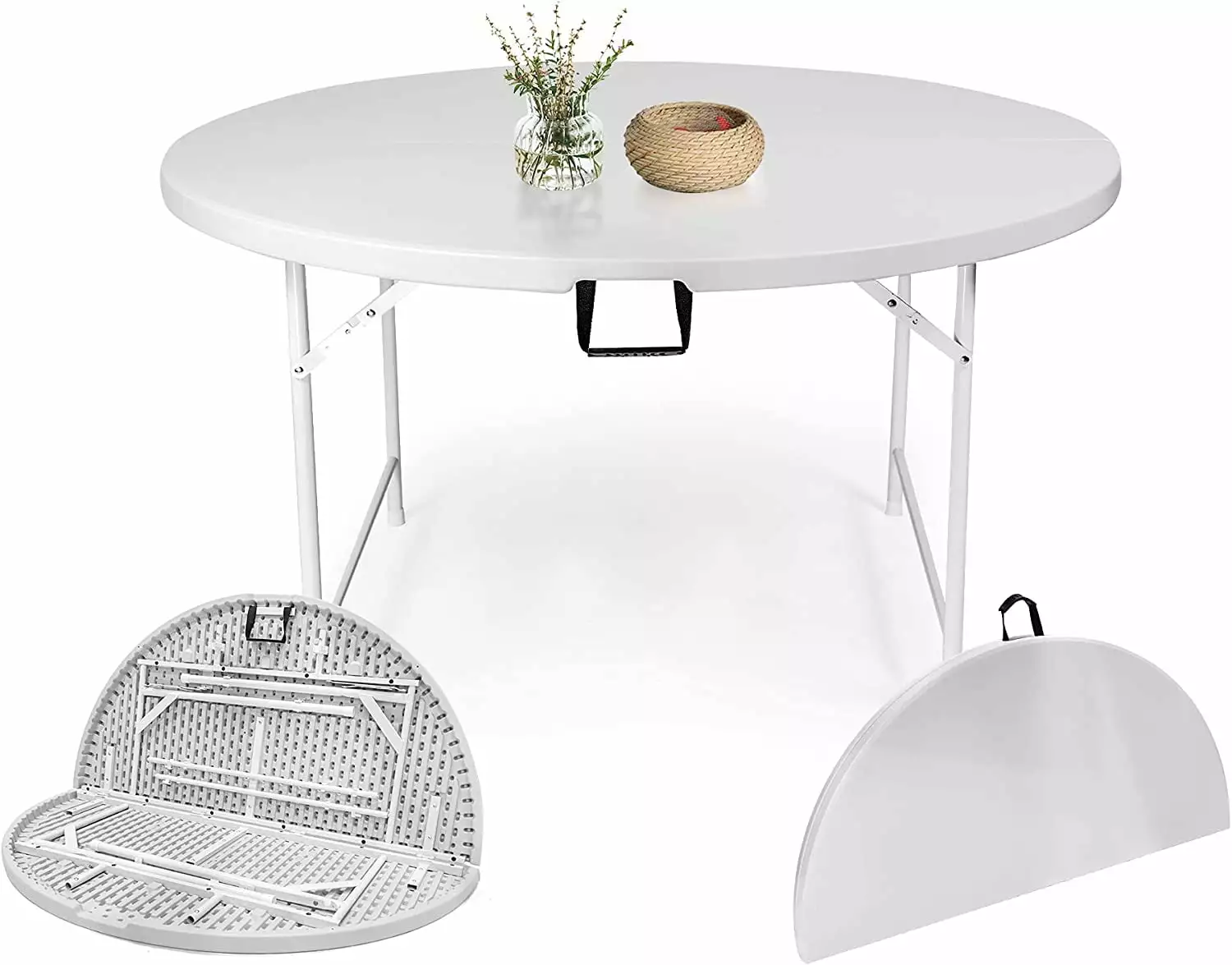 CAIHONG 48 Round Bi-Folding Commercial Table - White Portable Plastic Dining Table 4-6 People