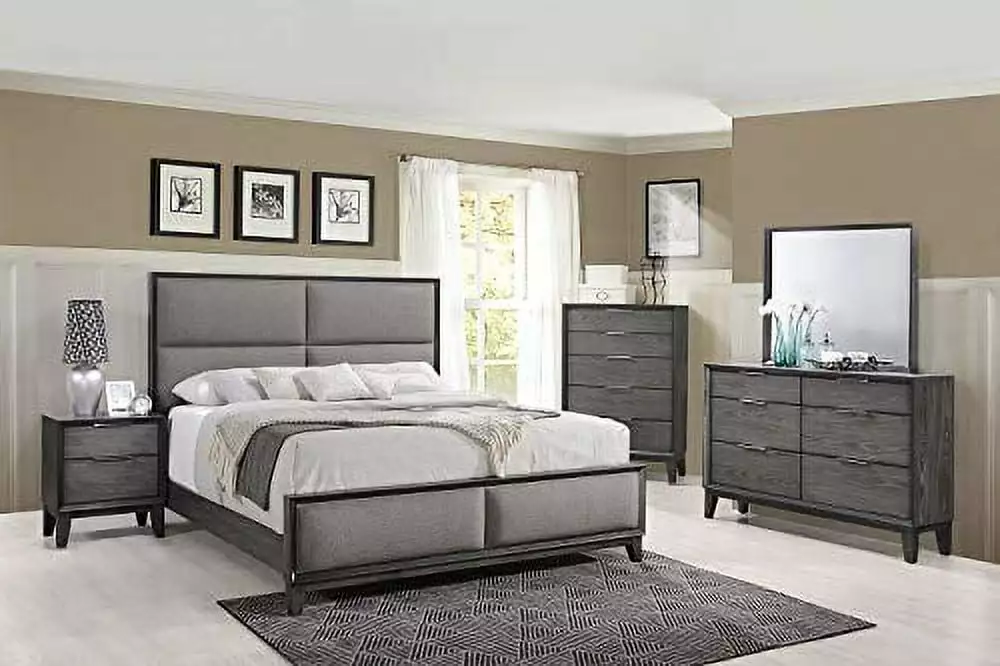 Kings Brand Furniture Sheldon 6-Piece Queen Size Gray Bedroom Set Bed Dresser Mirror Chest & 2 Nightstands