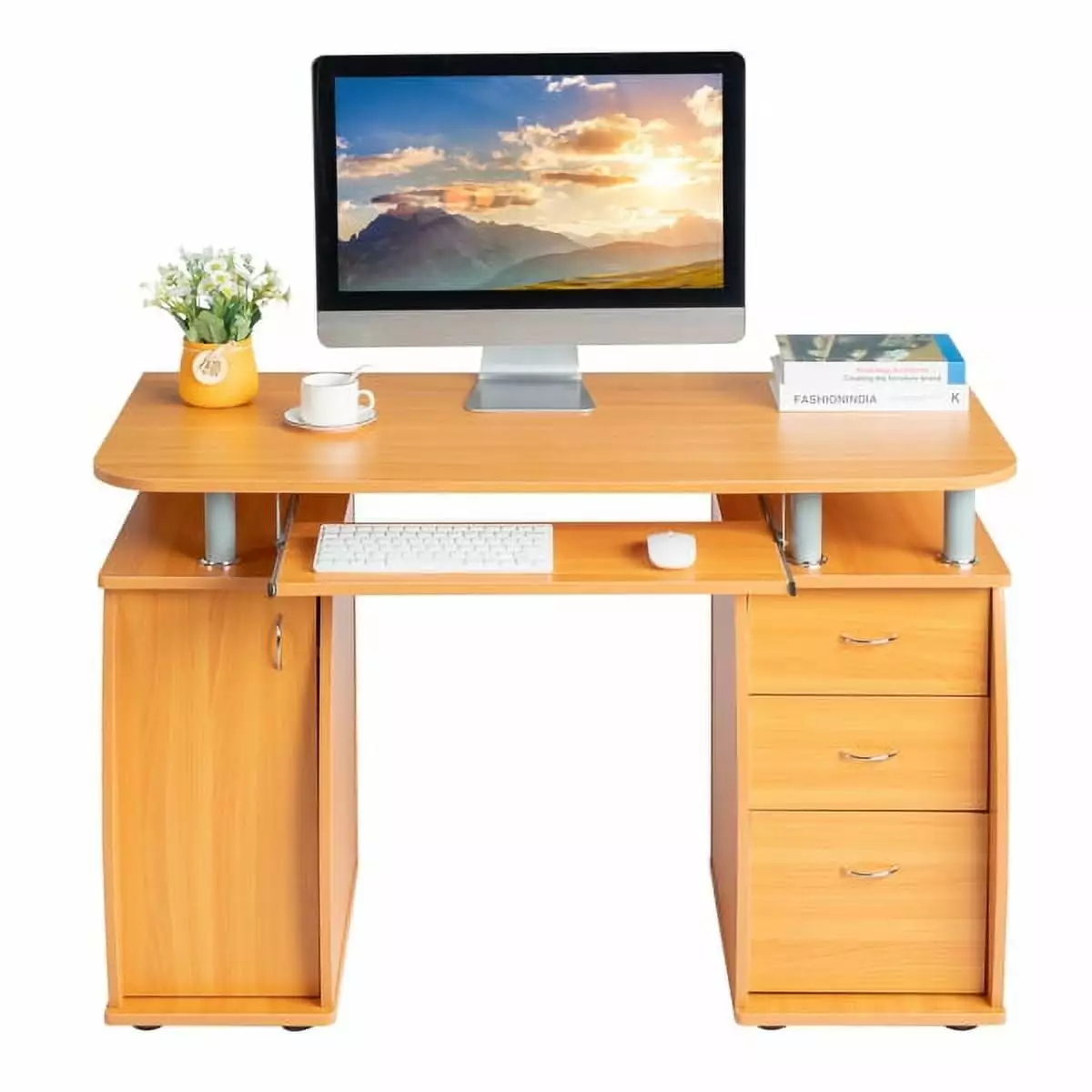 FCH 115x55x74cm MDF Portable Computer Desk 1 Door and 3 Drawers Wood Color YTTX