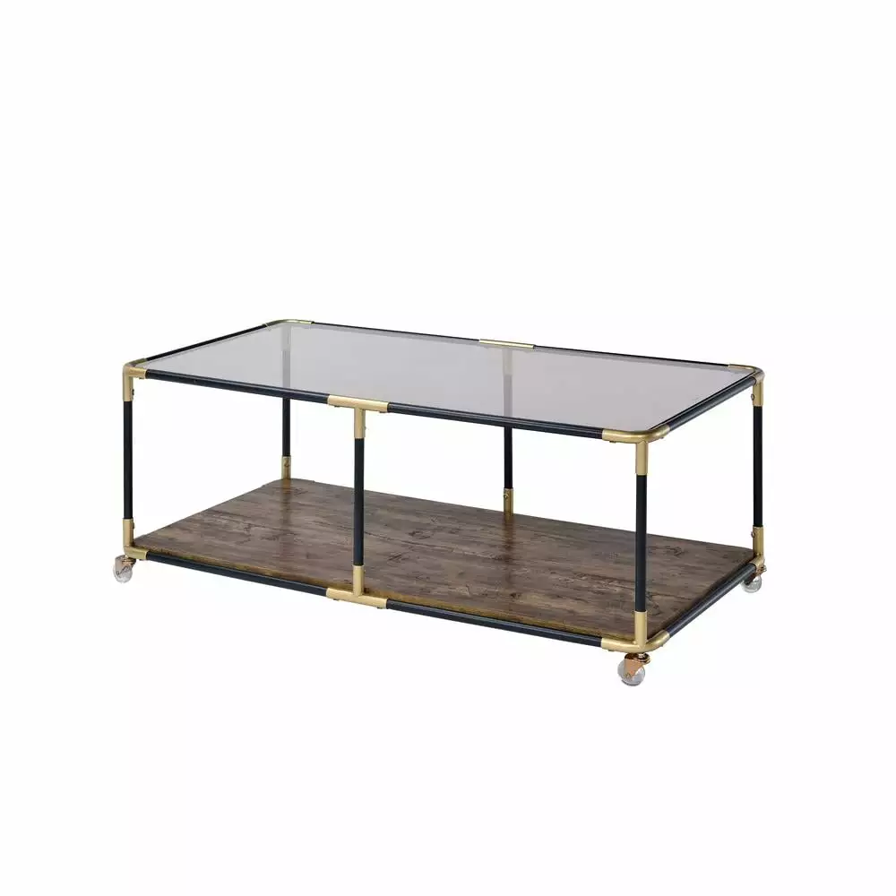 ACME Heleris Glass Top Console Table Wooden Shelf Black and Gold Modern Living Room Table Console Acme Furniture