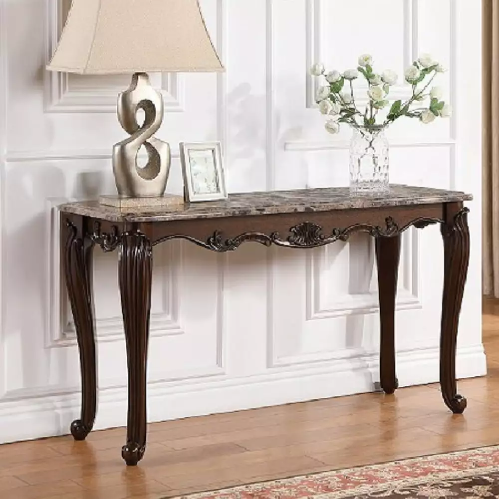 ACME Nayla Marble Rectangular Sofa Table Floral Legs Cherry Console Acme Furniture