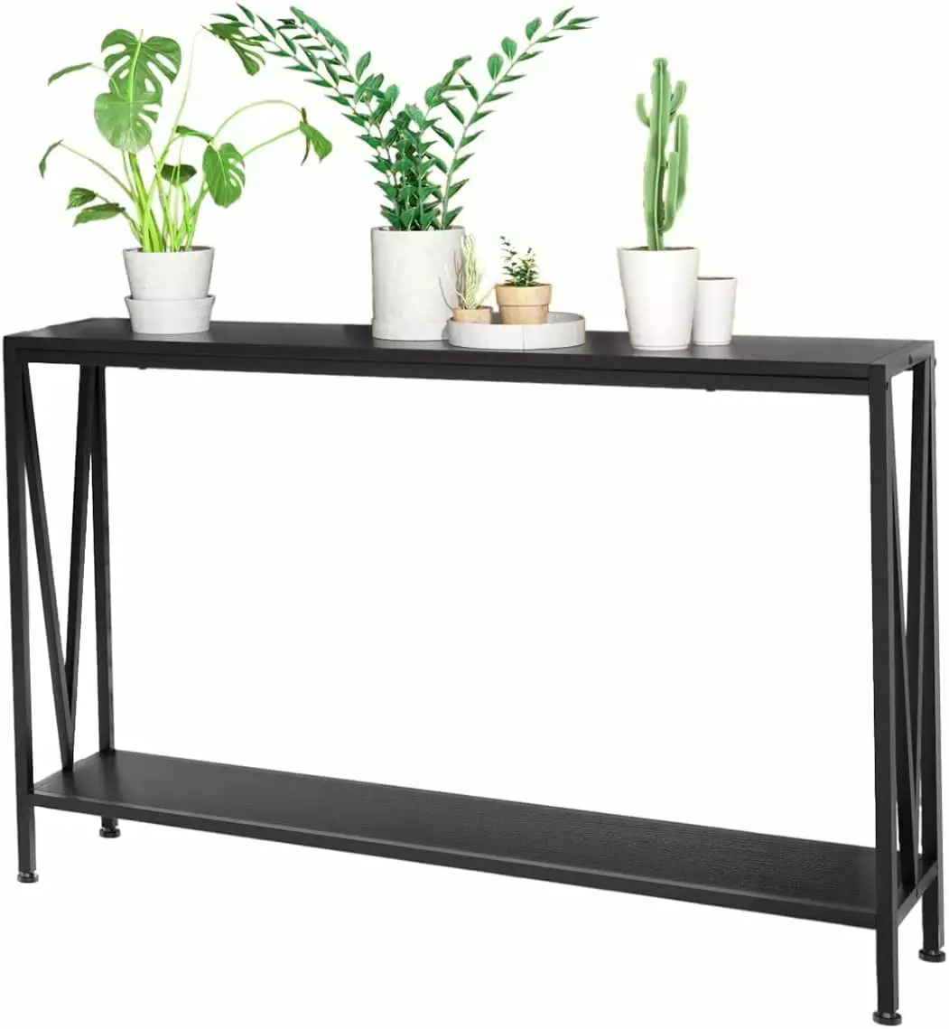 Amyove Black Console Table Industrial 2-Tier Skinny Sofa Table Shelf Living Room Hallway Console