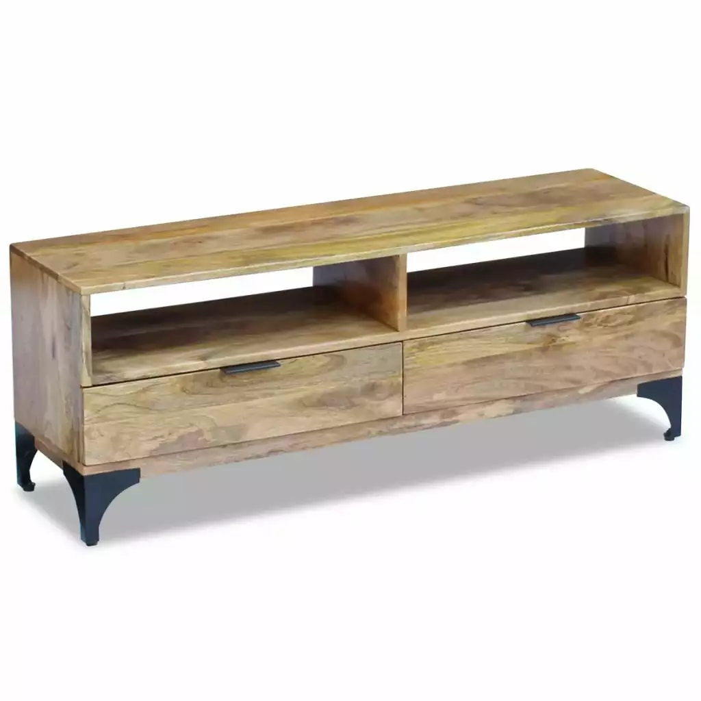Anself Mango Wood TV Side Cabinet Console Table 2 Drawers and Steel Legs 47.2x13.8x17.7 Console