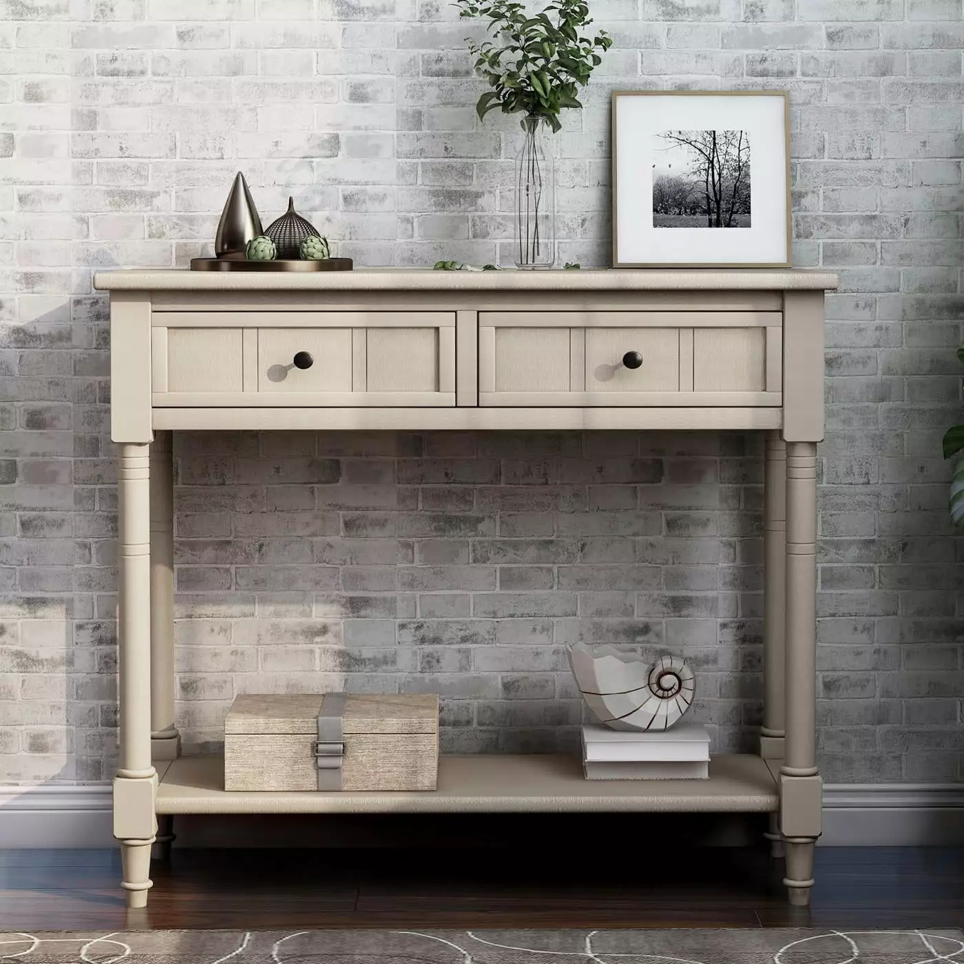 Beige Console Table Entryway Accent Sofa Table Two Drawers and Bottom Shelf Living Room Dining Room Console ARCTICSCORPION