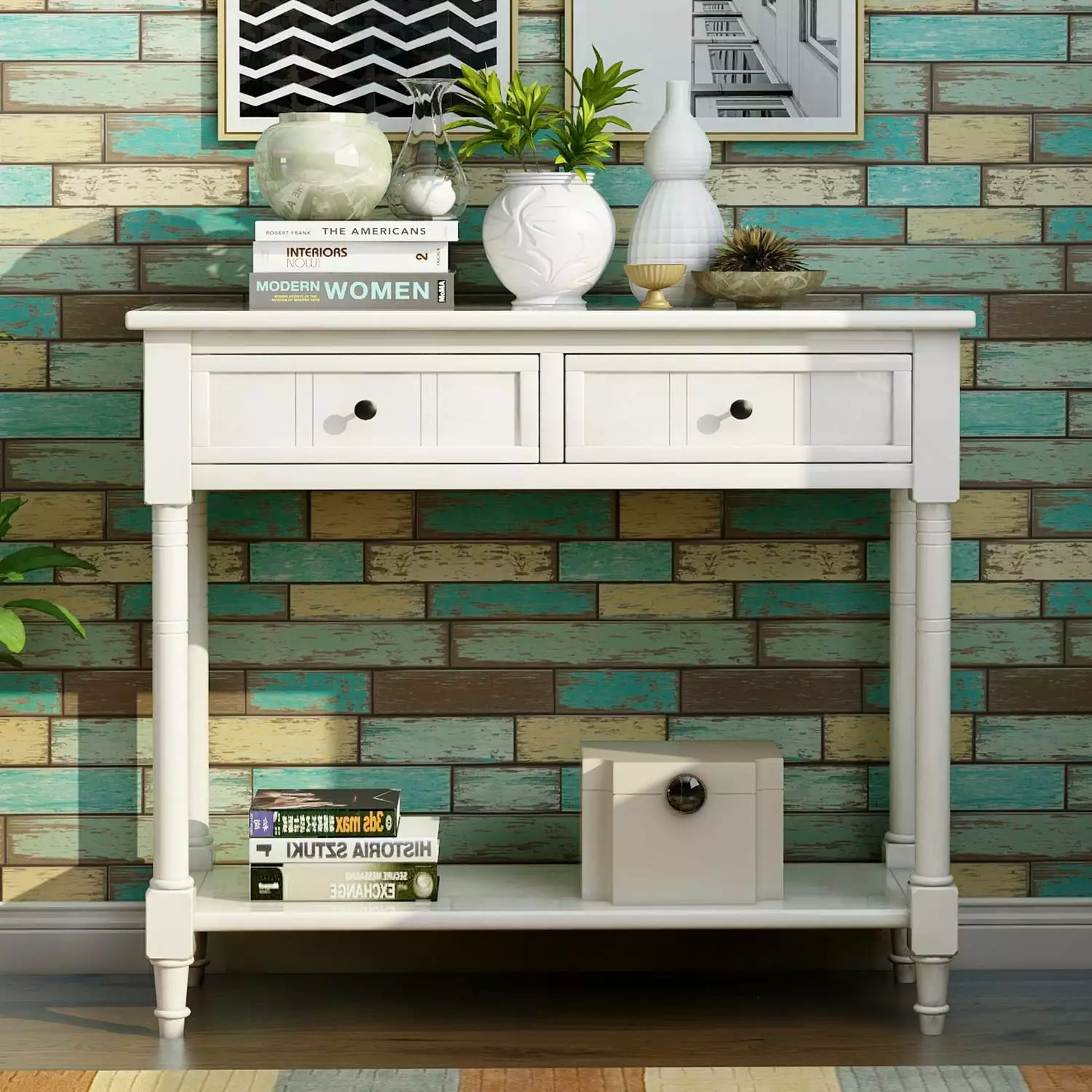 Ivory White Console Table Two Drawers and Bottom Shelf Entryway Living Room Console ARCTICSCORPION