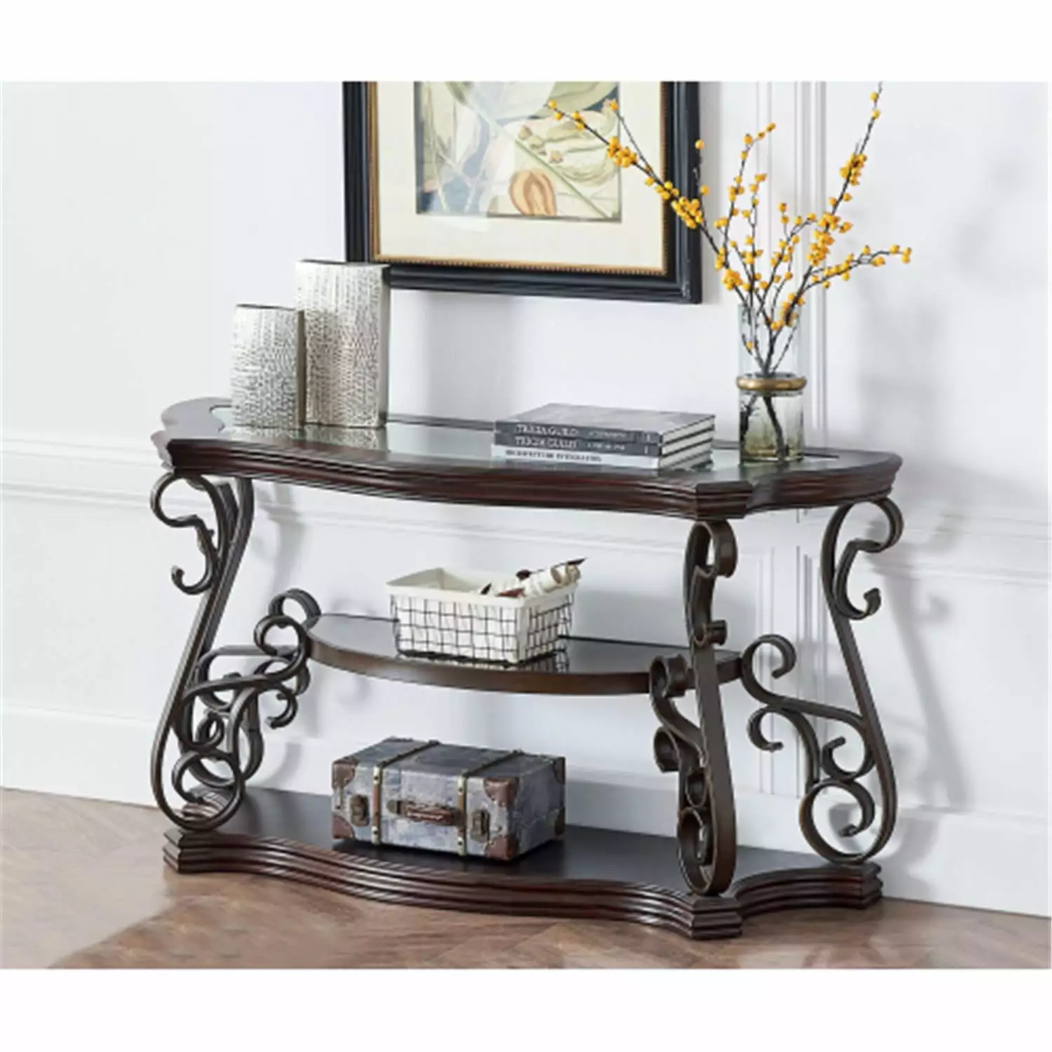 Traditional Dark Brown Console Table Tempered Glass Top and Metal Legs - Easy Assembly Accent Side Table Console ARCTICSCO...