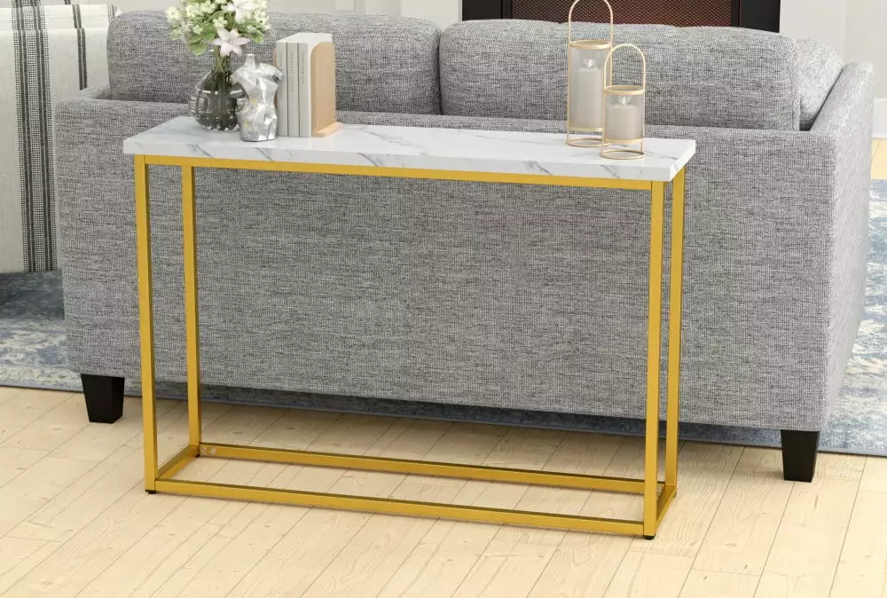 Artum Hill Luna White Marble and Gold Rectangle Sofa Table Metal Frame Console