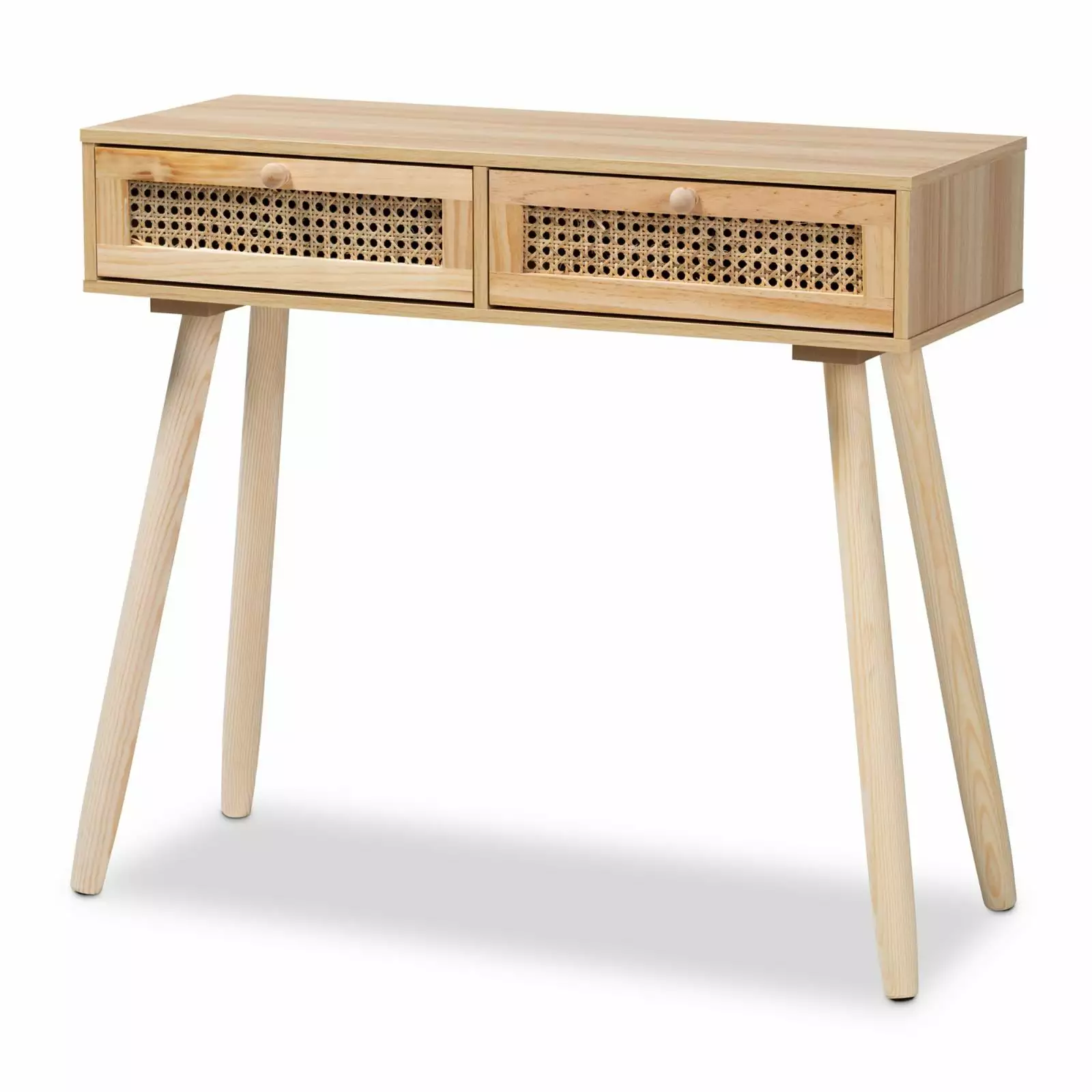 Baxton Studio Maclean Rattan and Brown Wood 2-Drawer Console Table Living Room Entryway Console