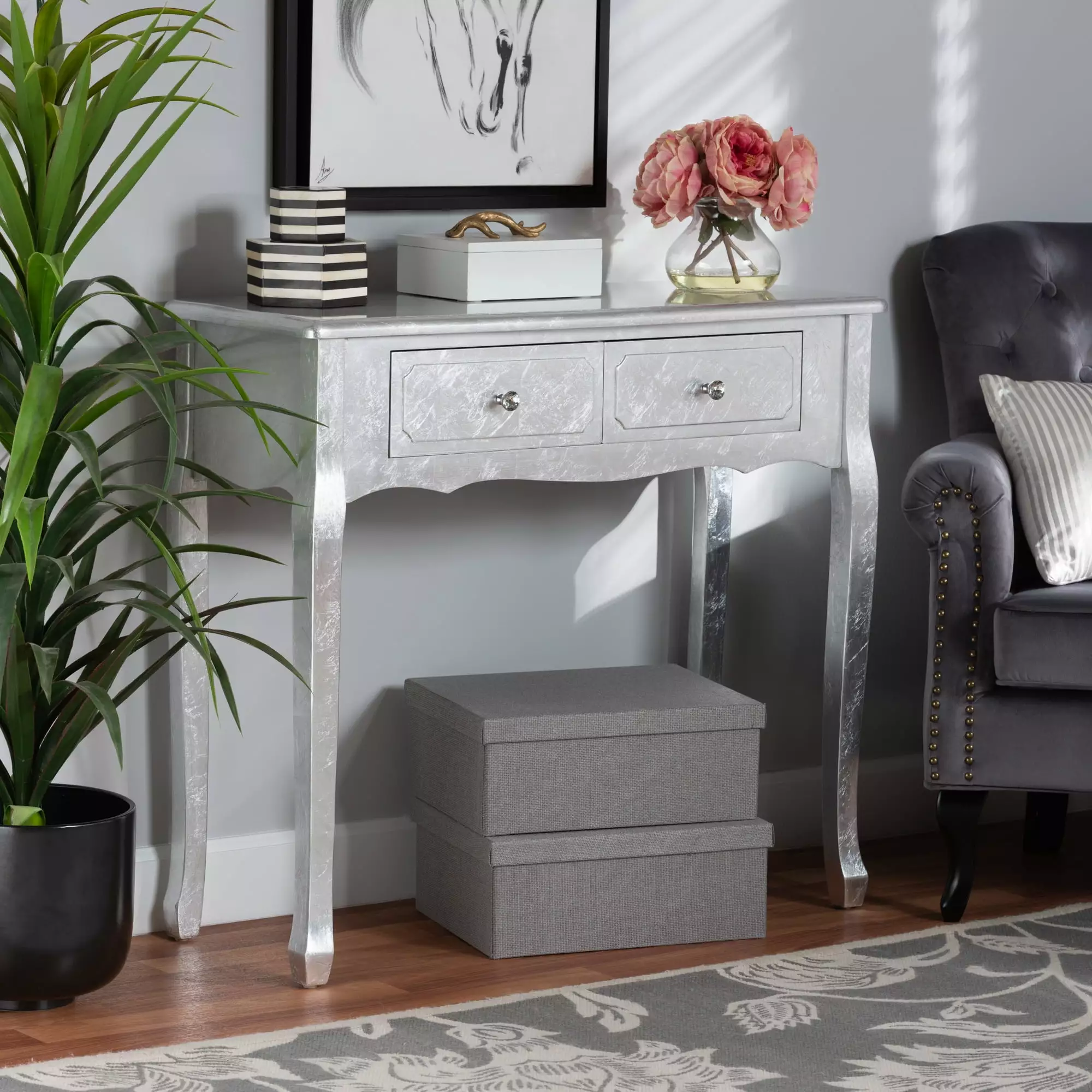 Baxton Studio Newton Classic Silver Finished Wood 2-Drawer Console Table - Traditional Entryway Furniture Console