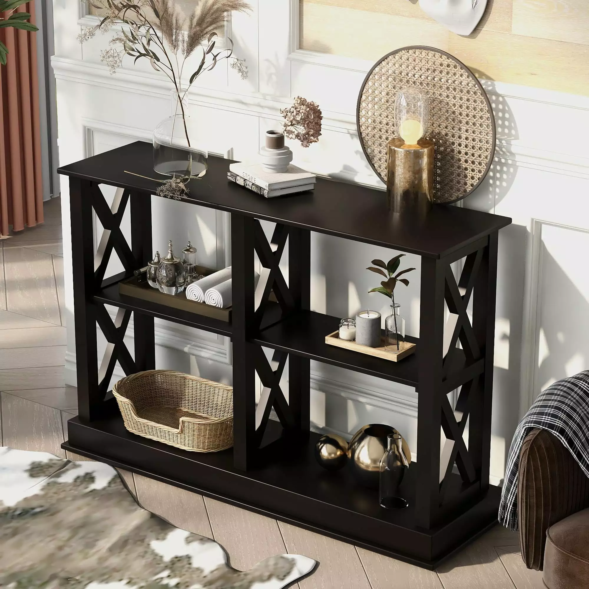 BaytoCare Wooden 3-Shelf Entryway Console Sofa Table - Black Storage Shelves Home Console