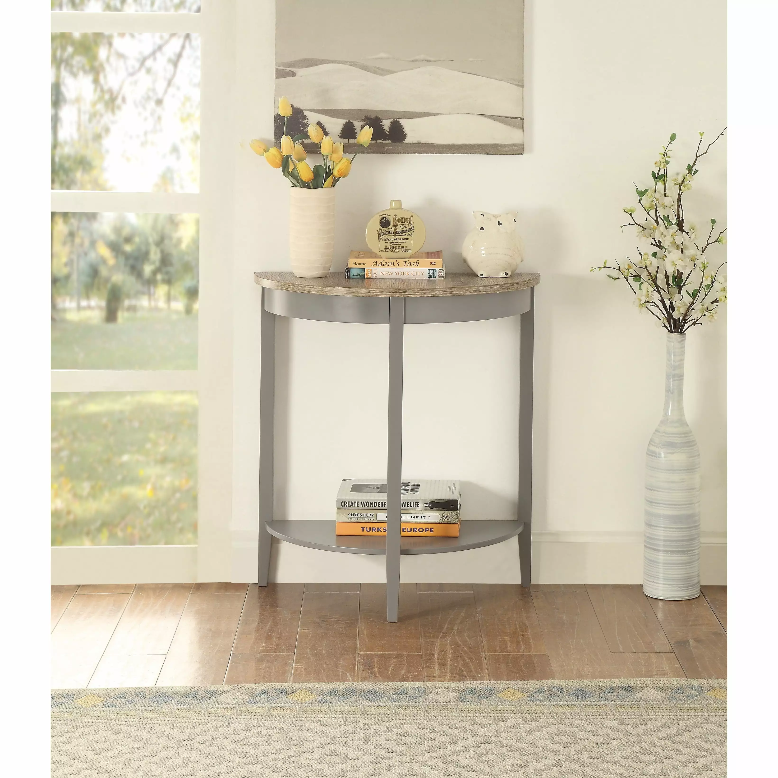 Davis Grey Oak and Grey Half Moon Console Table Bottom Shelf Entryway Console Bed Bath & Beyond