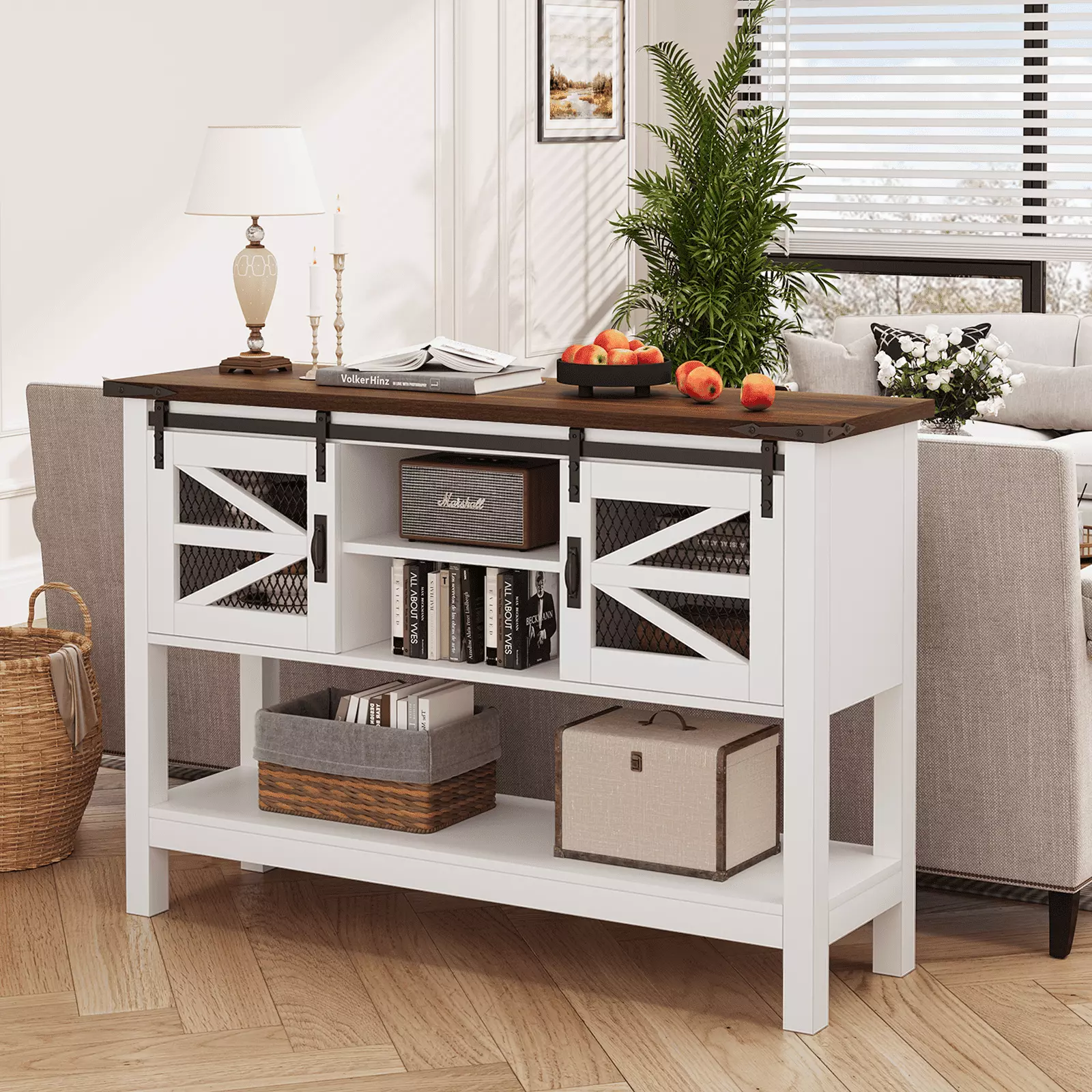 Belord Industrial White Console Table Storage Shelf Power Outlet Console