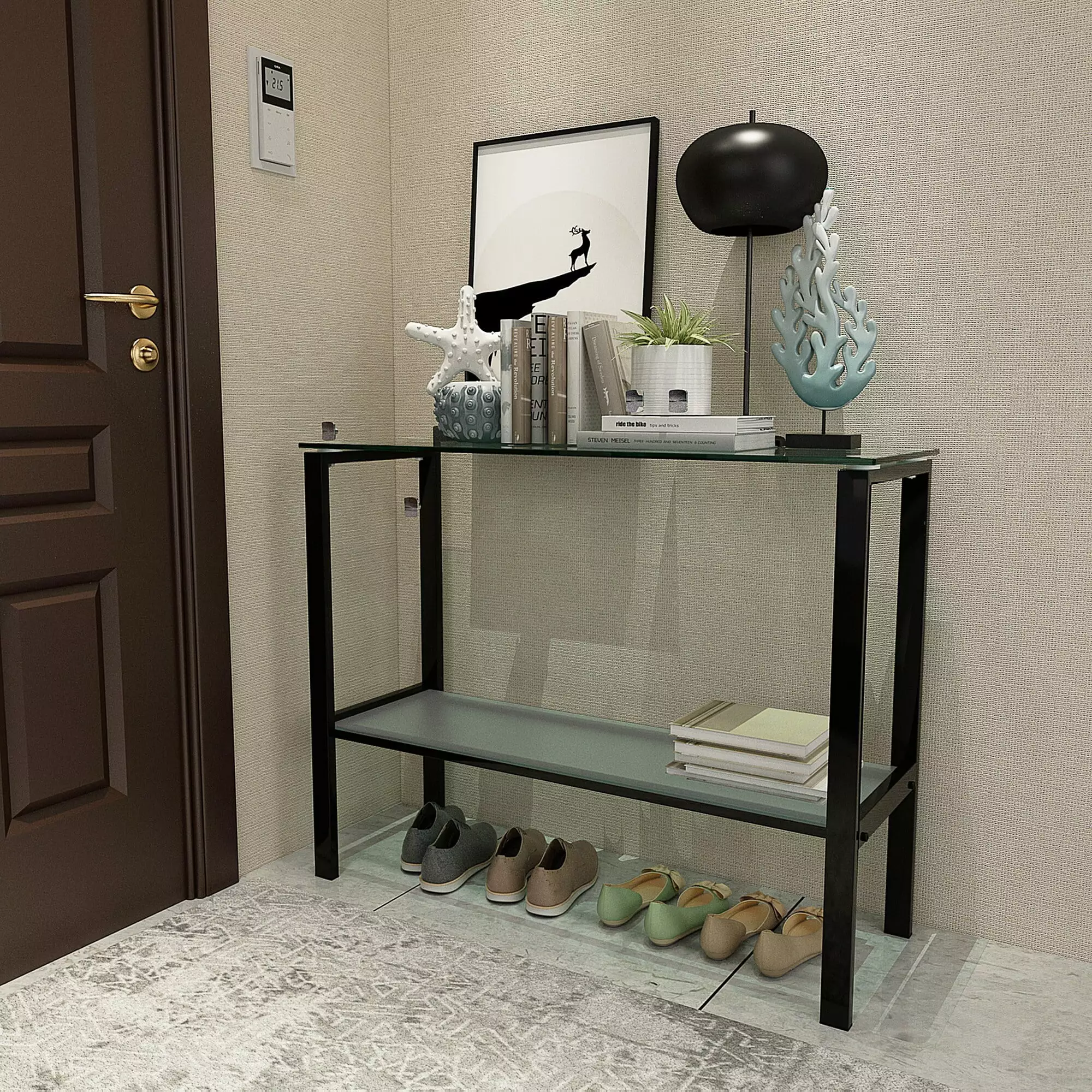 BESTCOSTY Console Table Double Layer Tempered Glass Tea Table Living Room Console