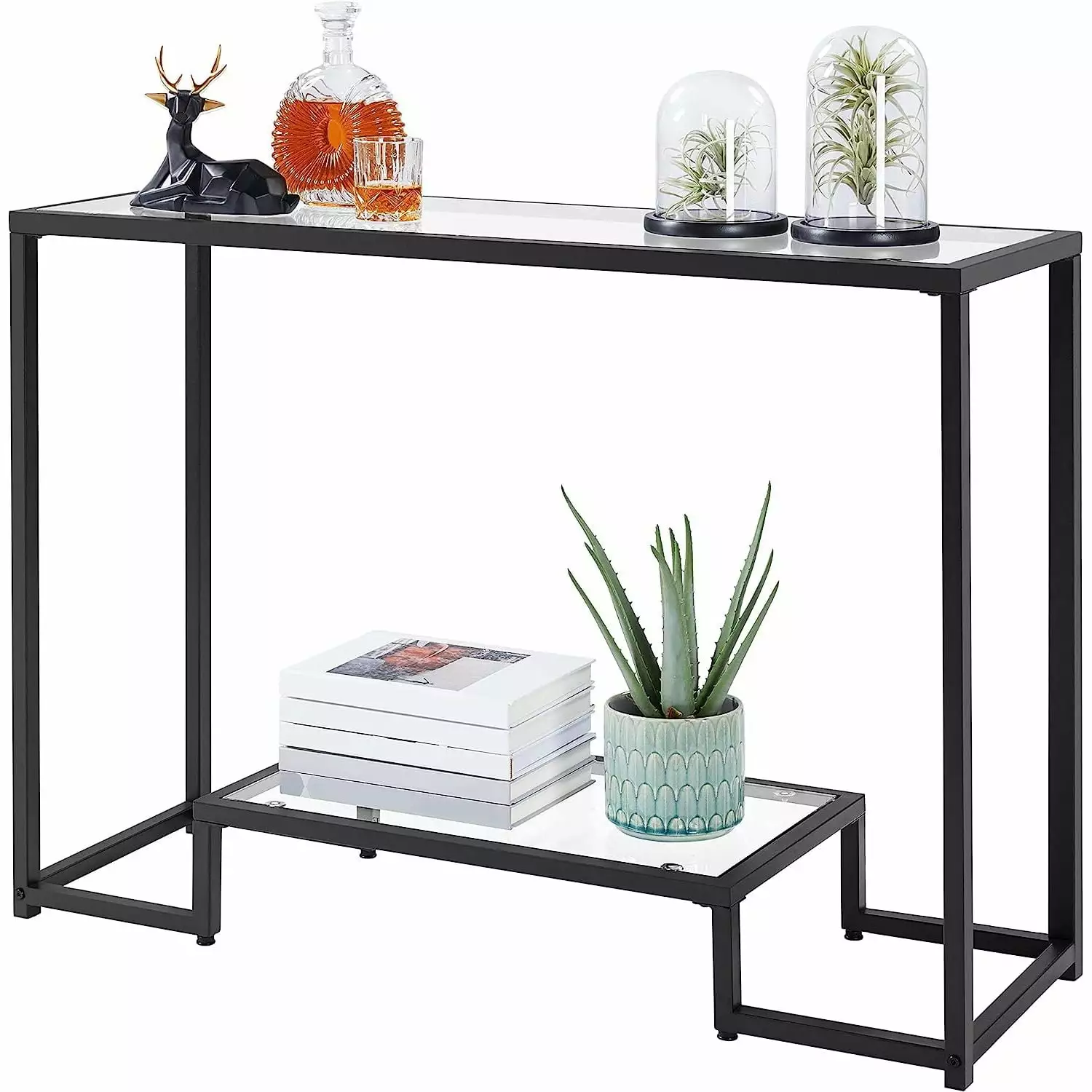 Bilot 42 Console Table Tempered Glass Entryway Table 2-Tier Modern Sofa Table Storage Shelves Black Console