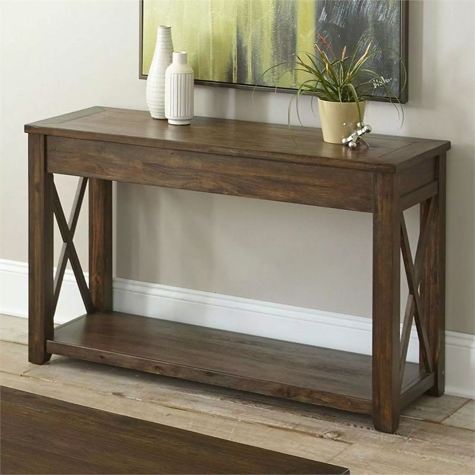 Bowery Hill Mid-Century Rustic Wood Console Table Mocha Brown Oak - Vintage Style Console