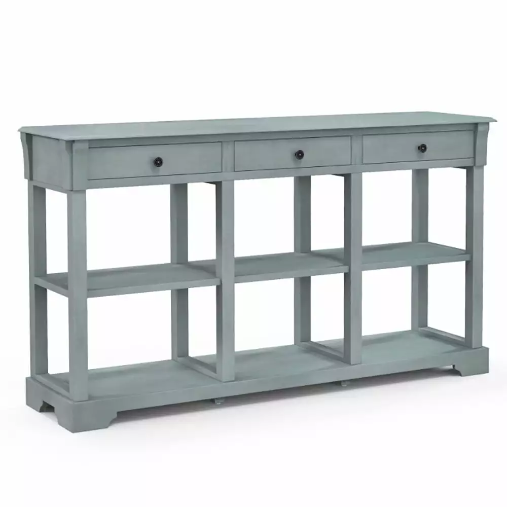Canddidliike 58 Inch Retro Blue Console Table 3 Drawers and Open Shelves Entryway Console
