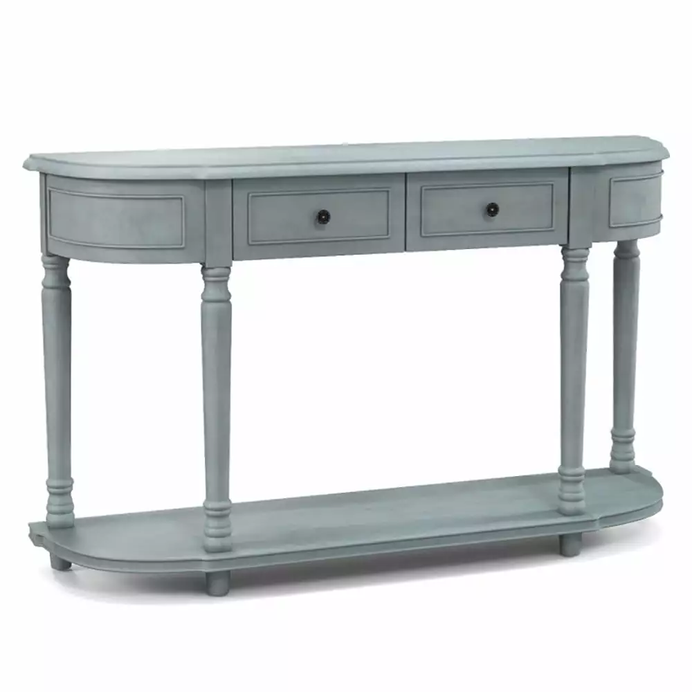 Canddidliike 52 Inch Retro Blue Console Table 2 Drawers and Open Shelf Foyer Console