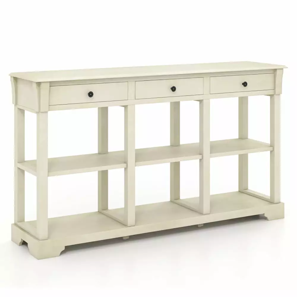 Canddidliike 58 Inch Retro White Console Table 3 Drawers and Open Shelves Foyer Console
