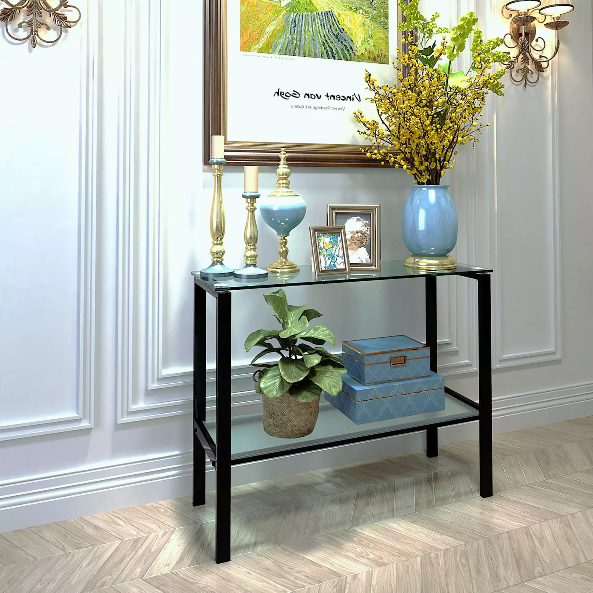 Canddidliike 39 Narrow Metal Entryway Console Table Shelves Clear Glass Hallway Table Console