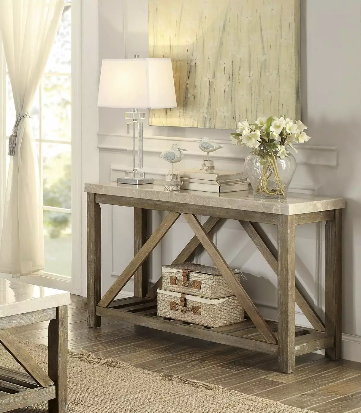 Industrial Style Angled Support Sofa Table Marble Top and Bottom Shelf Creamy White Wooden Console Table Console CNCJ