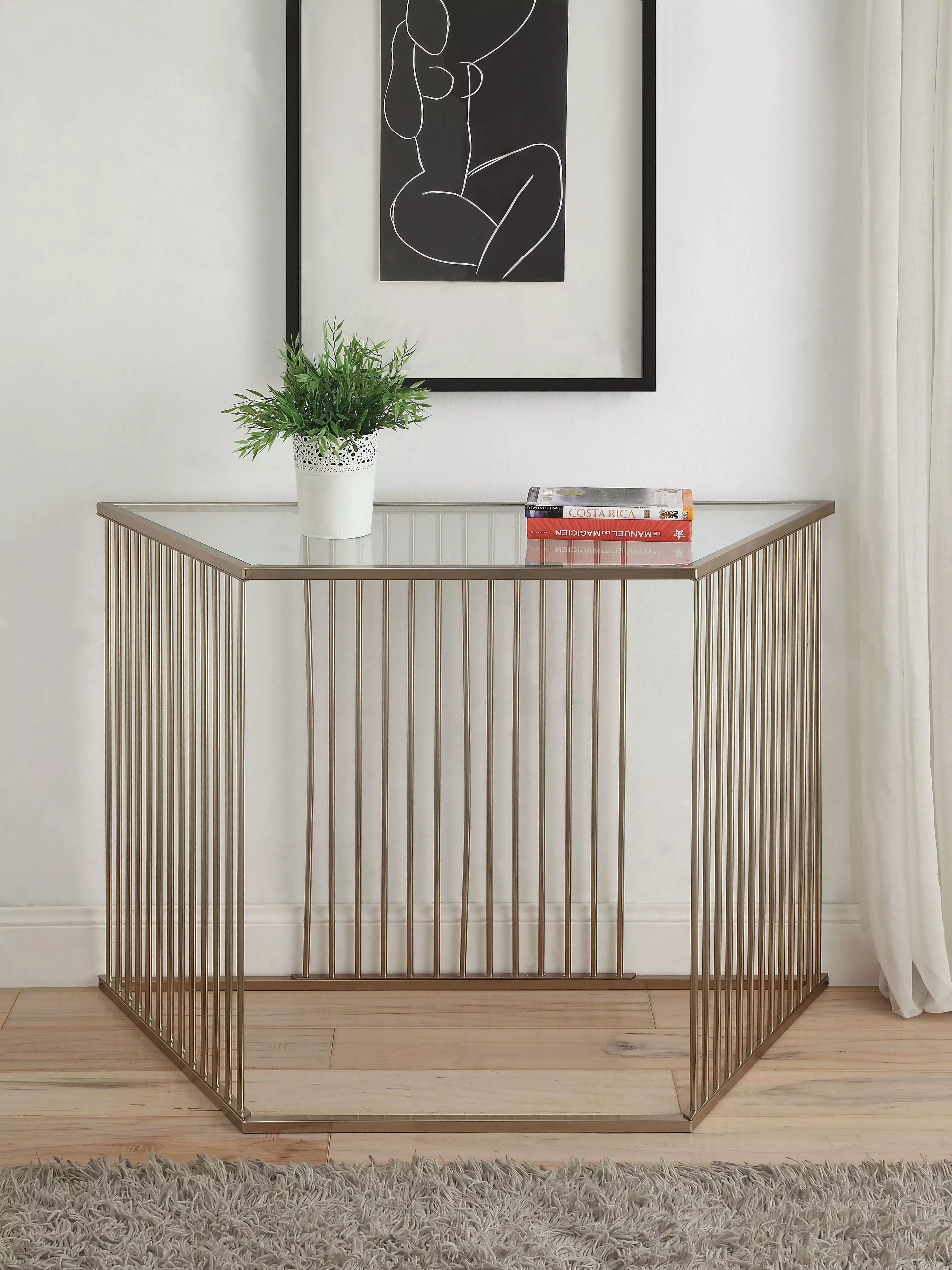 Oaklie Sofa Table Champagne Finish Clear Glass Top - Elegant Console Table Console CNCJ