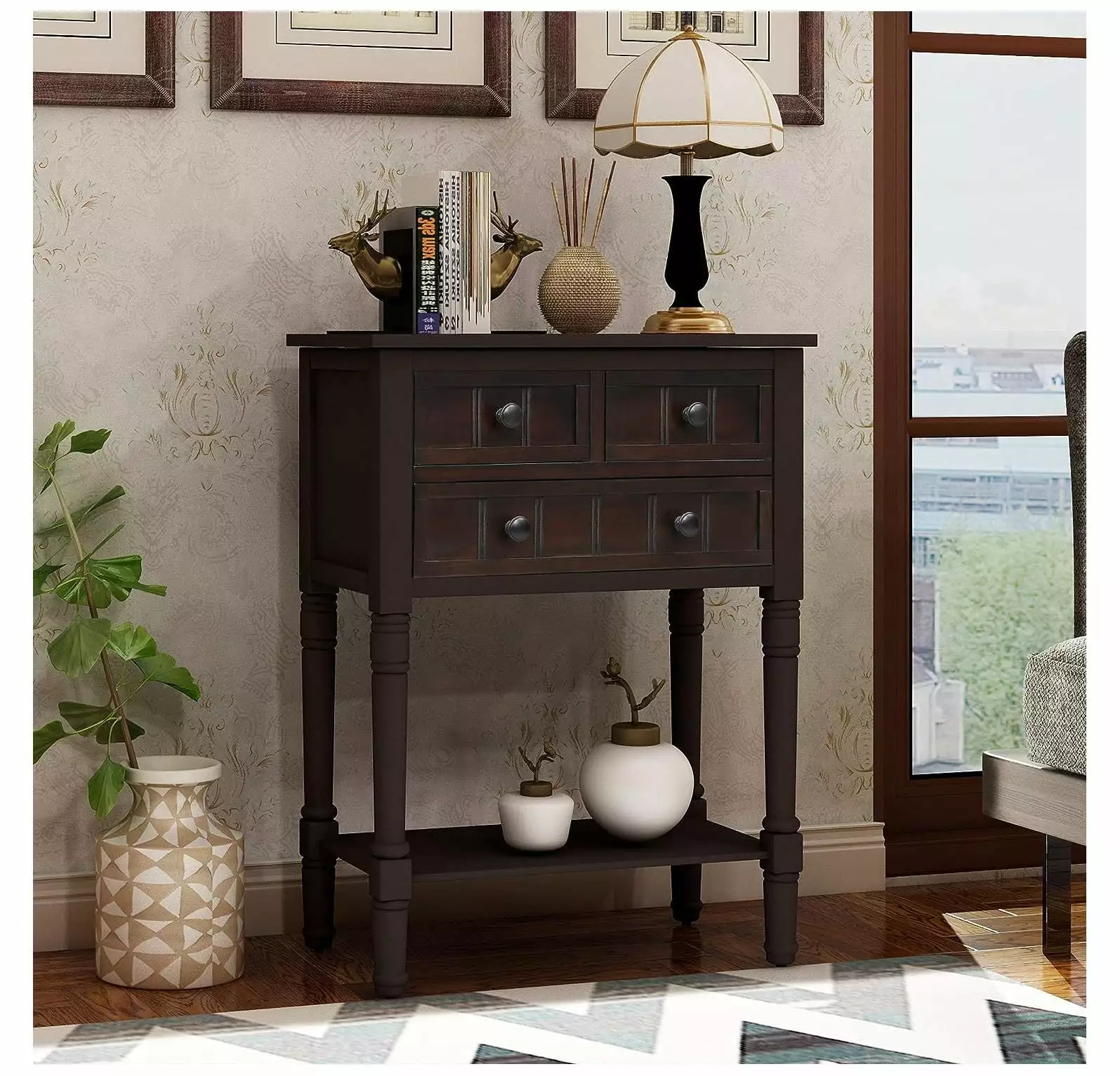 CodYinFI Narrow Entry Console Table 3 Storage Drawers and Bottom Shelf Espresso Hallway Foyer Console