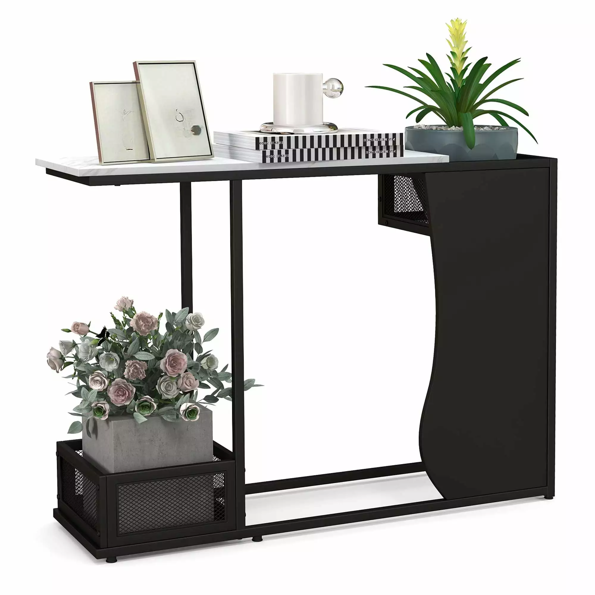 Costway 43.5 Inch Console Table Faux Marble Top and 2 Storage Compartments Entryway Hallway Console