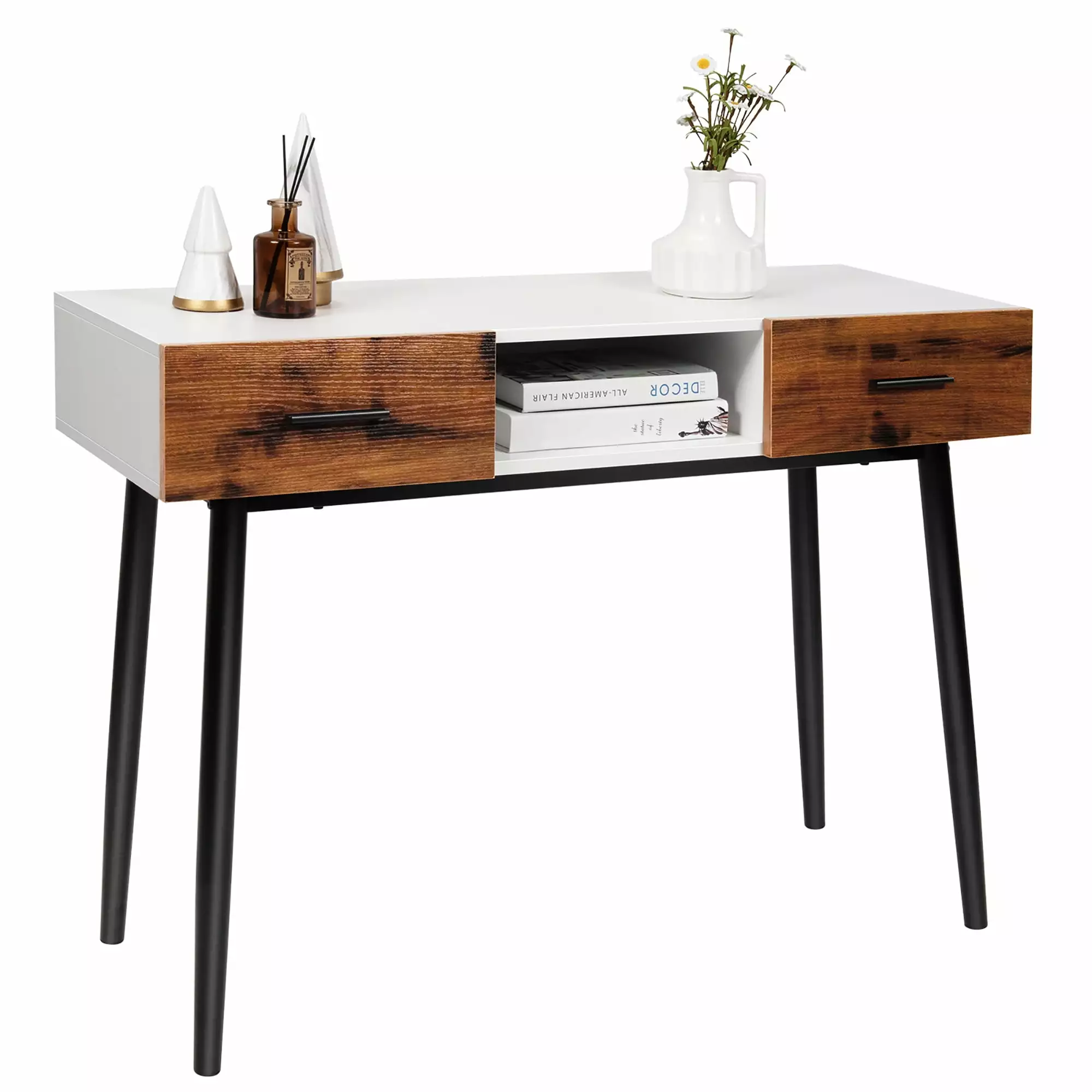 Costway 42 Inch Industrial Console Table Storage Drawers and Open Shelf Console