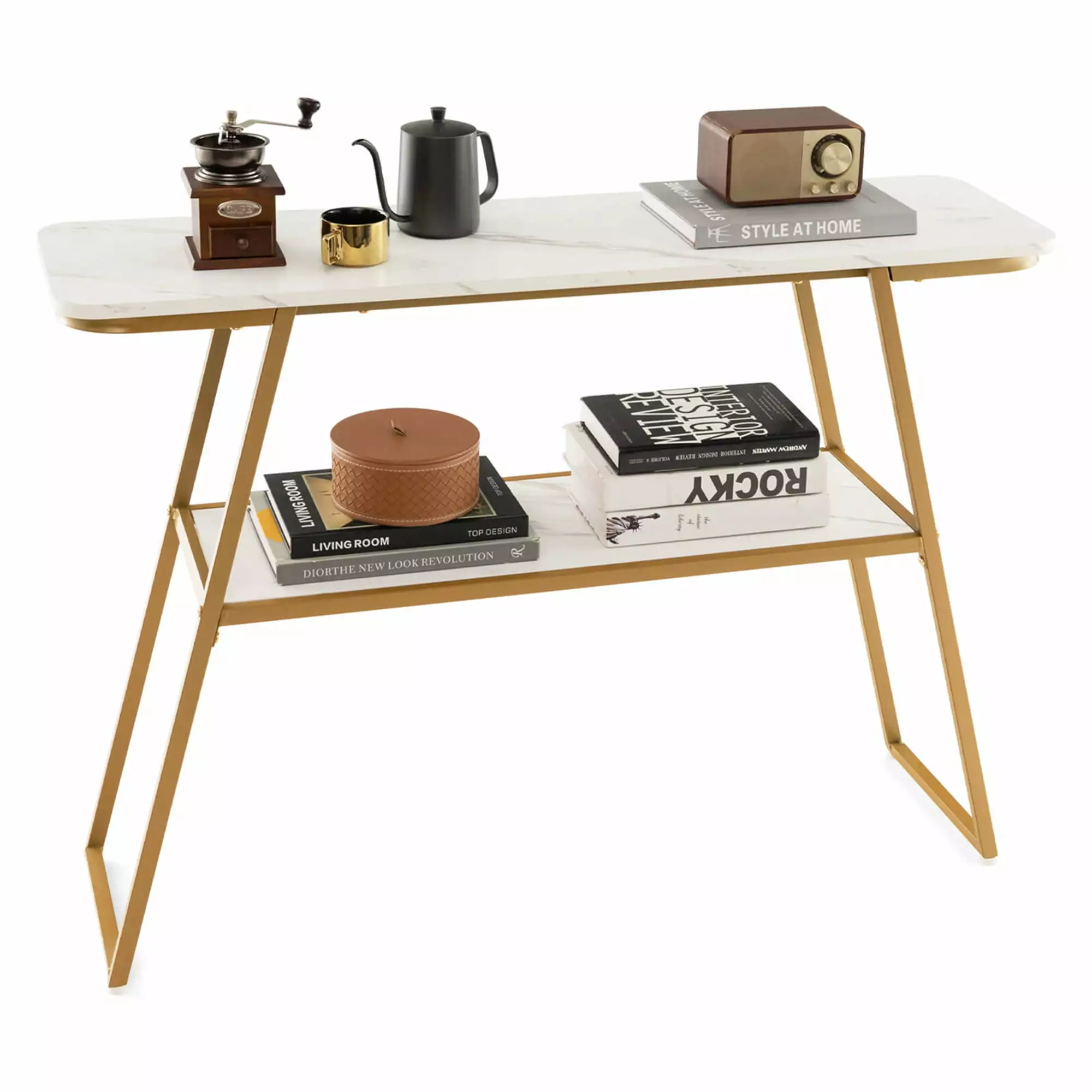 Costway 44 Inch Long Narrow Couch Table 2-Tier Storage and Golden Finish Entryway Console
