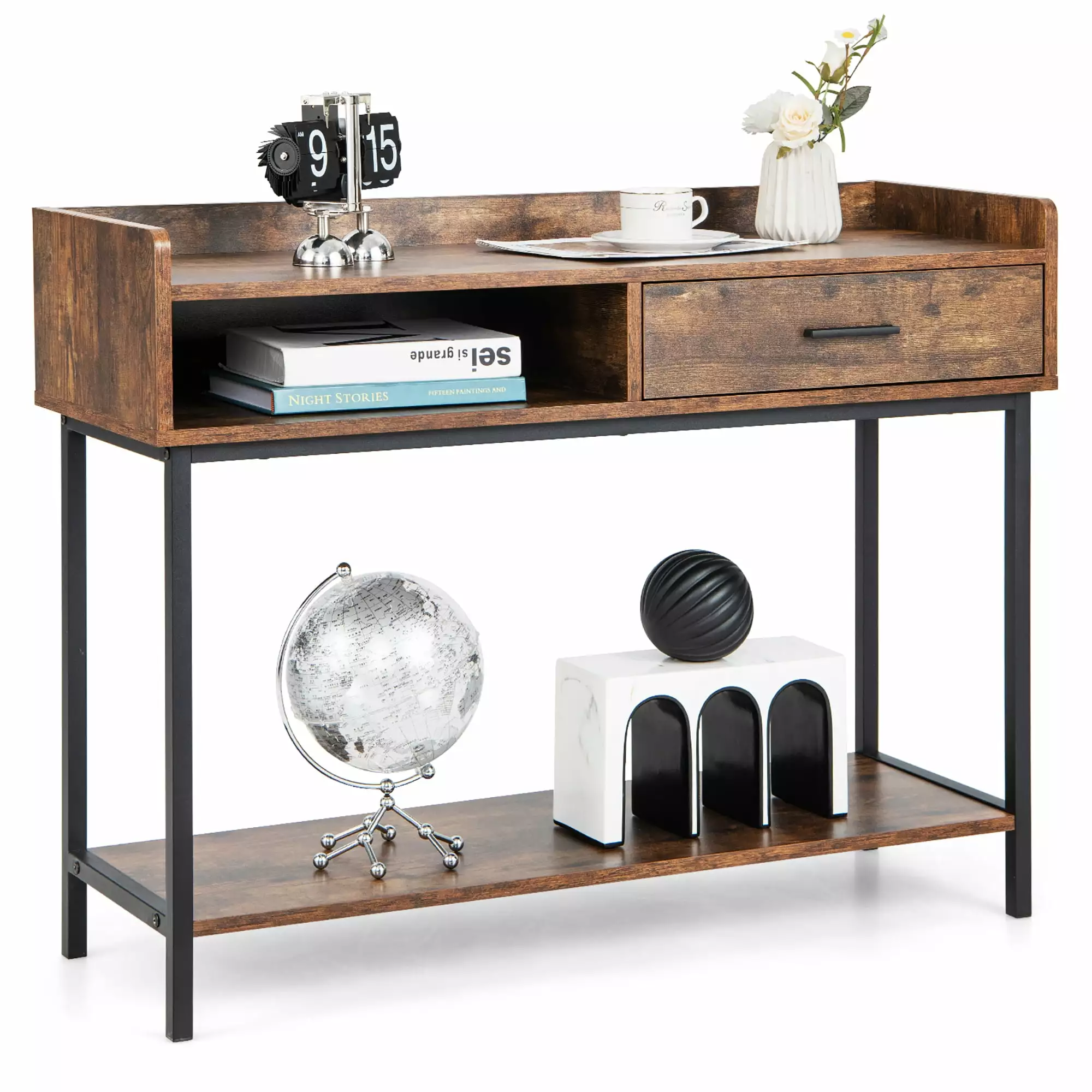 Costway Long Console Couch Side Table Drawer Metal Frame Living Room Entryway Console
