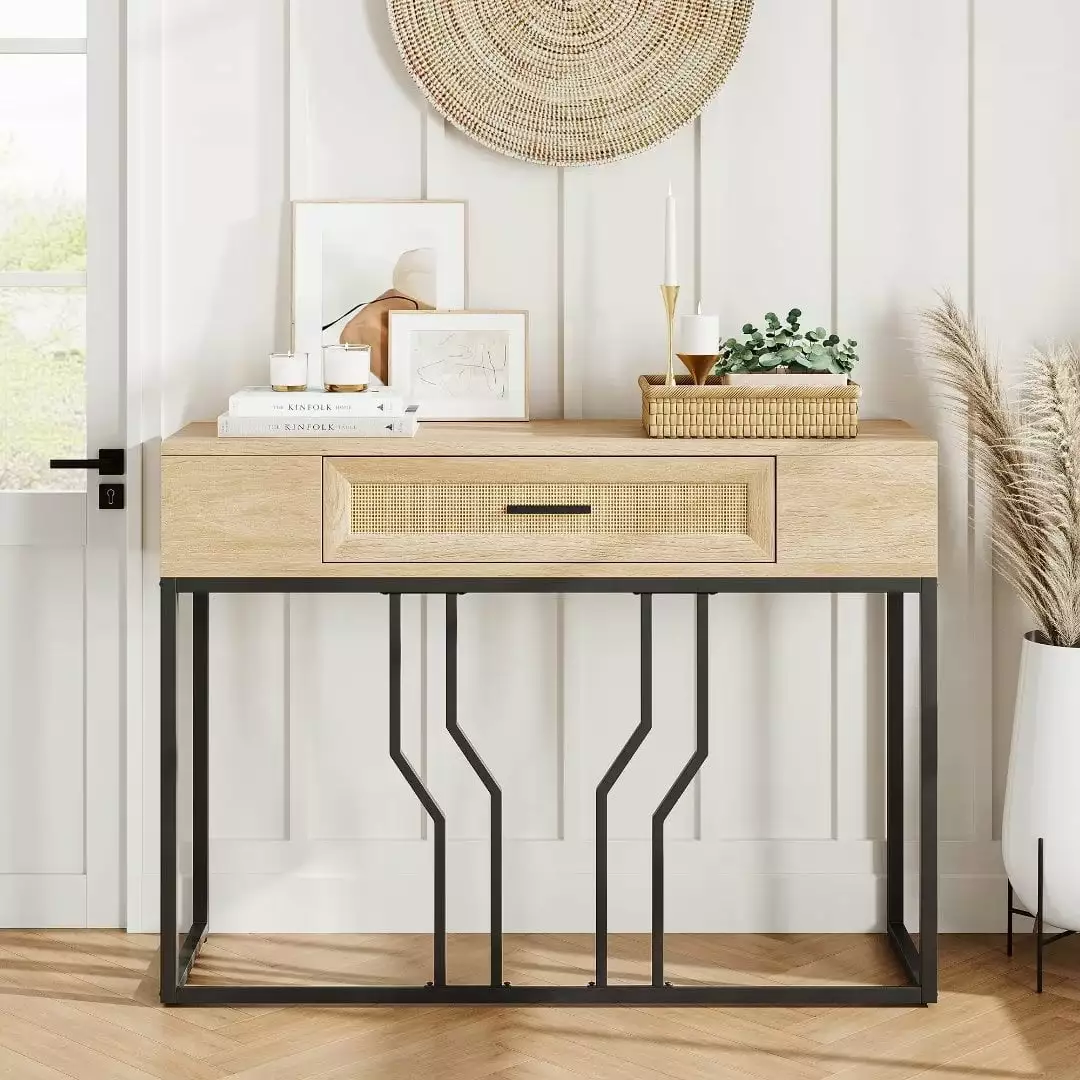 40-Inch Rattan Console Table Drawer and Side Storage Living Room and Hallway Console CuisinSmart